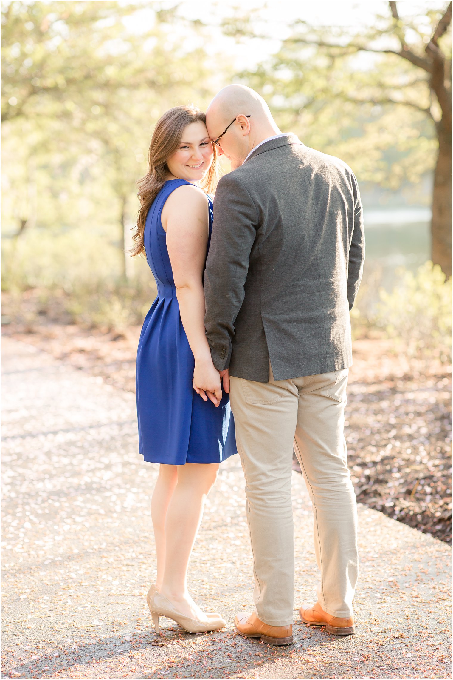 Bride wearing blue dress for engagement photos