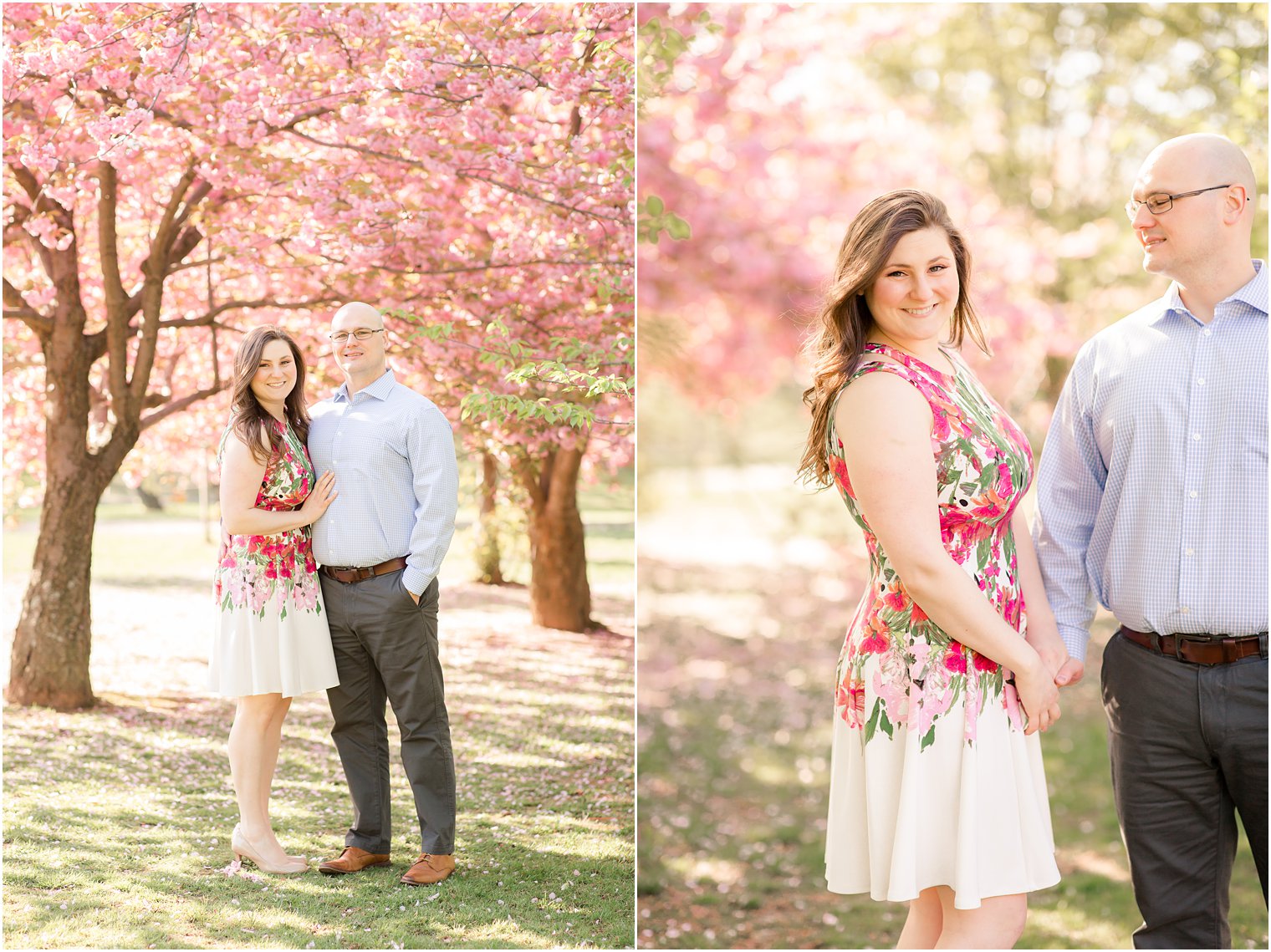 Woman wearing floral dress for cherry blossom engagement photos