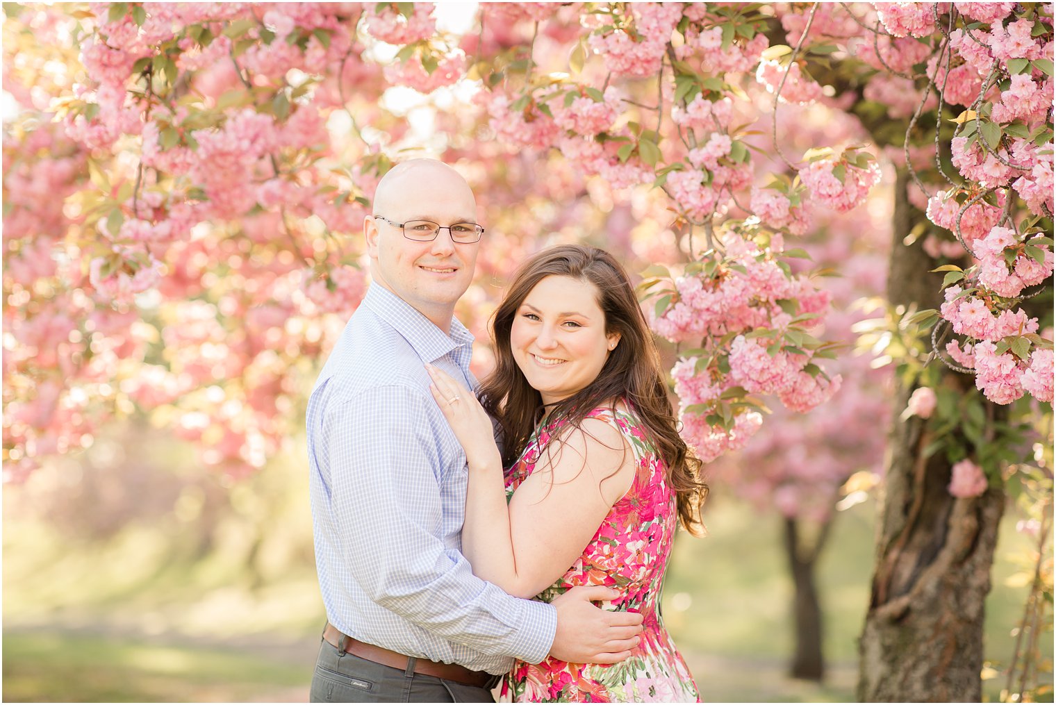 Classic photo of engaged couple with cherry blossoms at Branch Brook Park