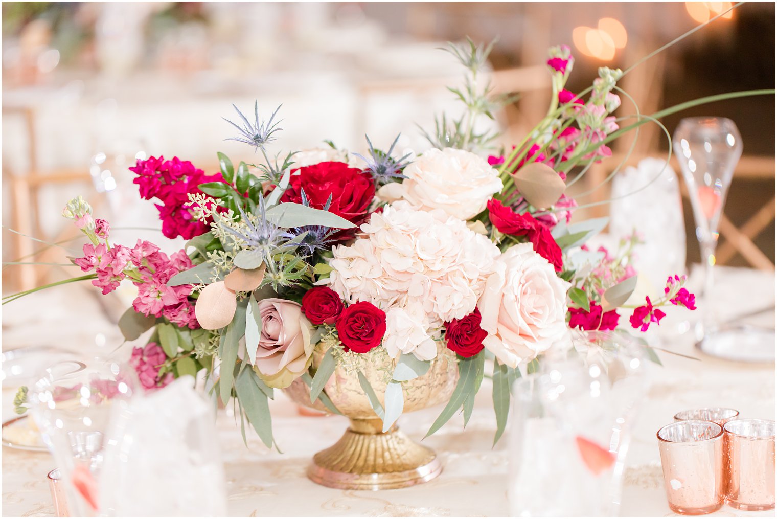 red and pink fall wedding centerpieces by Narcissus Florals