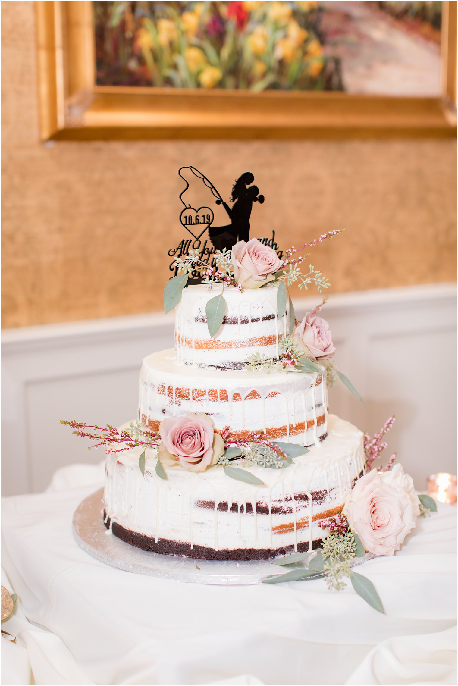 Naked Wedding cake with icing drips photographed by Idalia Photography