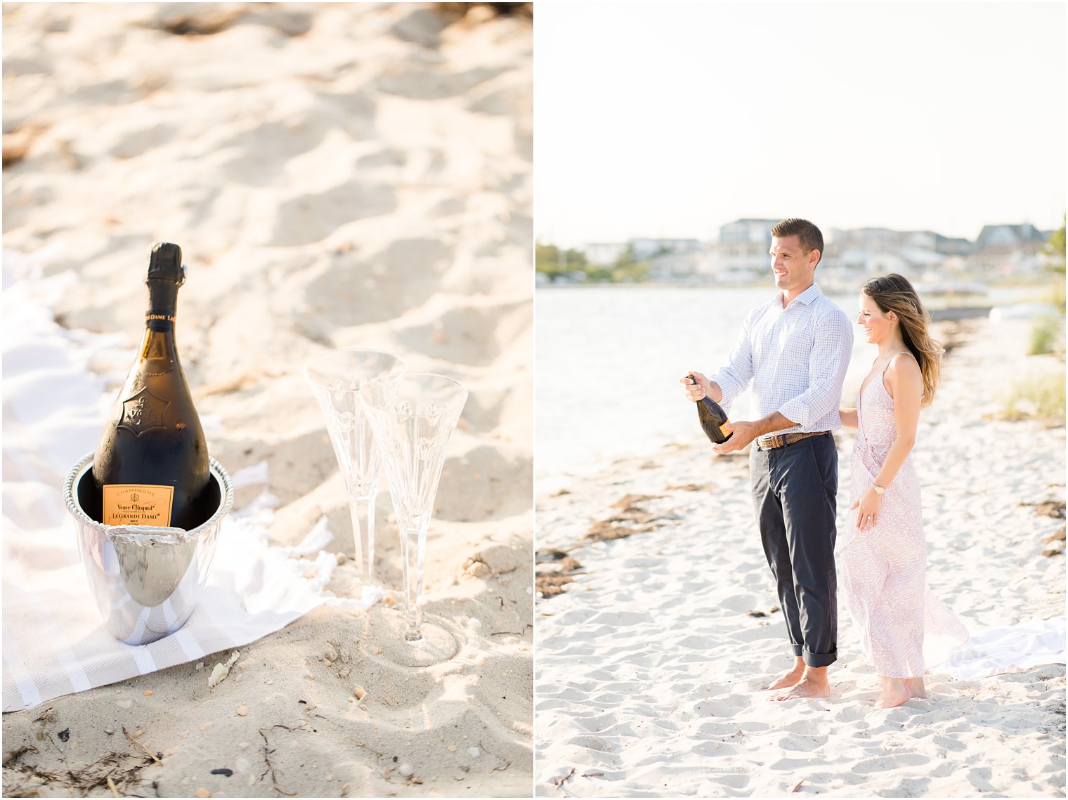 couple pops champagne during engagement session with Idalia Photography