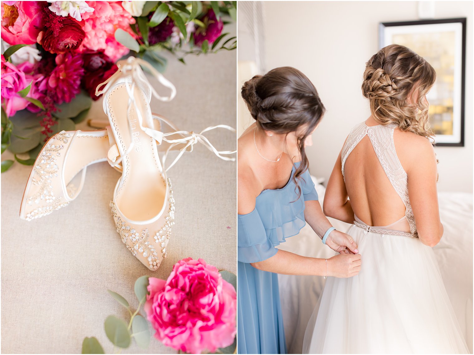 bride gets into wedding dress photographed by Idalia Photography