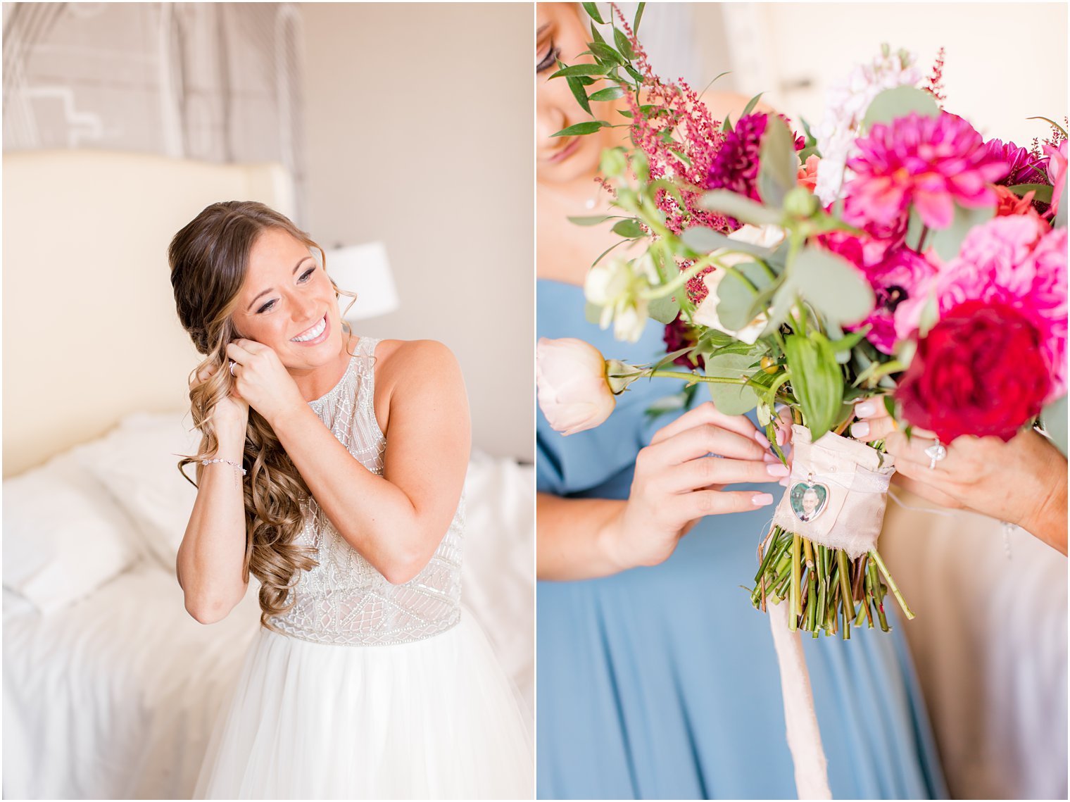 bridal preparations with bouquet by Pink Dahlia Vintage
