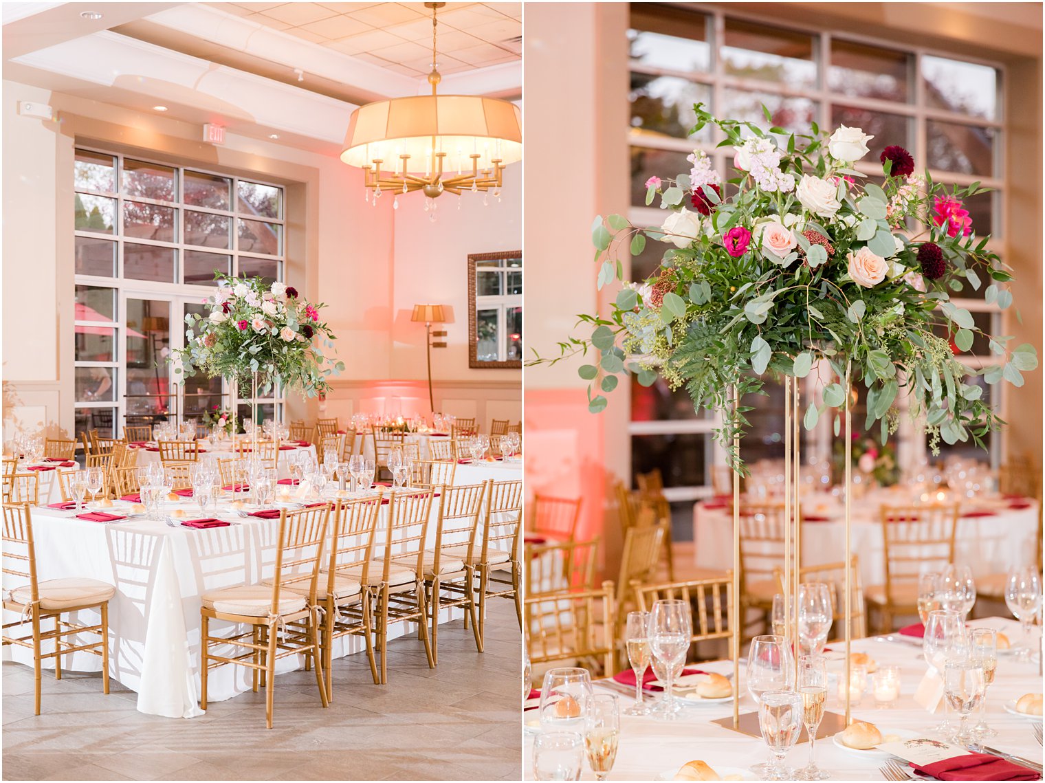 tall floral centerpieces with gold and blush flowers by Pink Dahlia Vintage