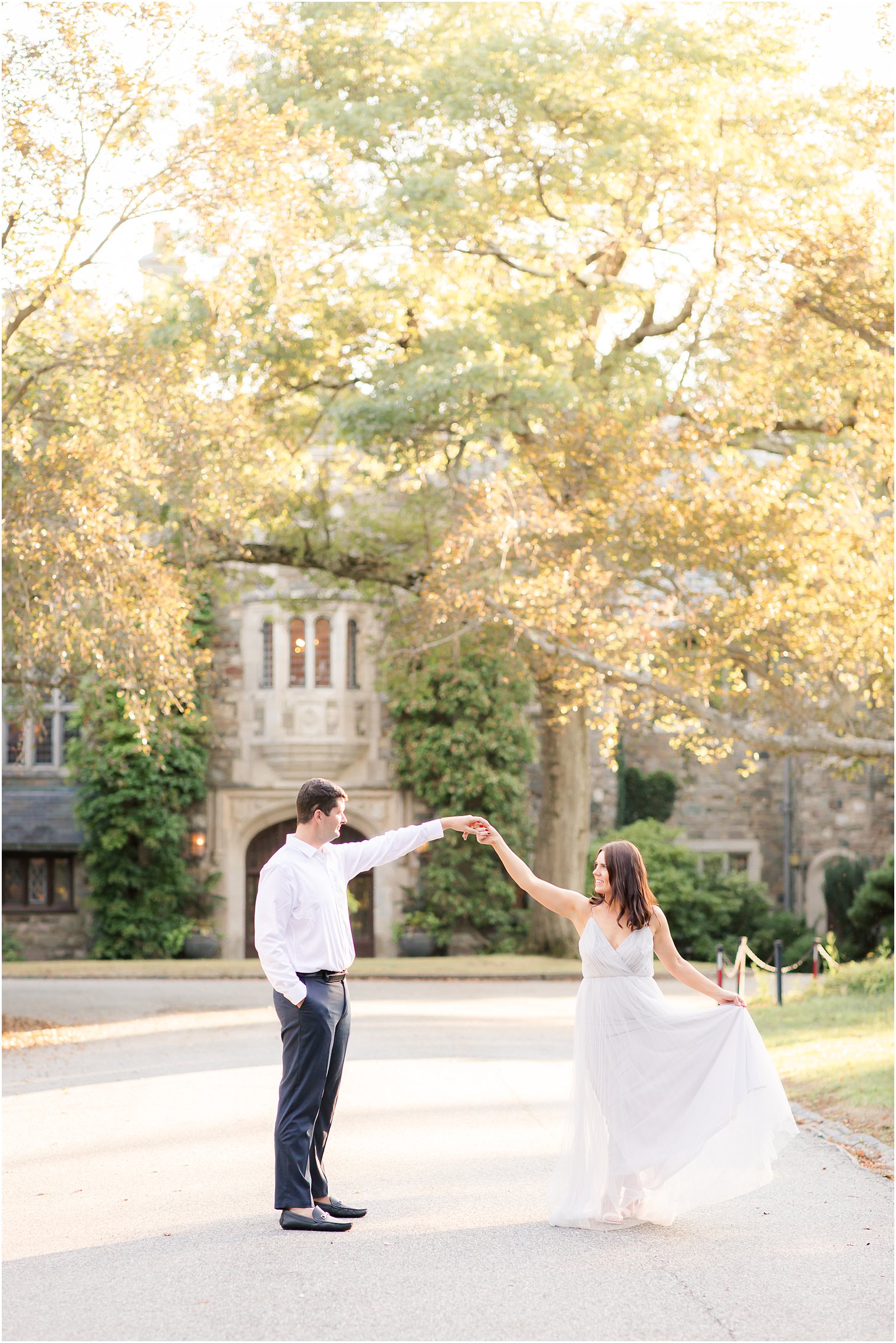 Couple during engagement session at Skylands Manor