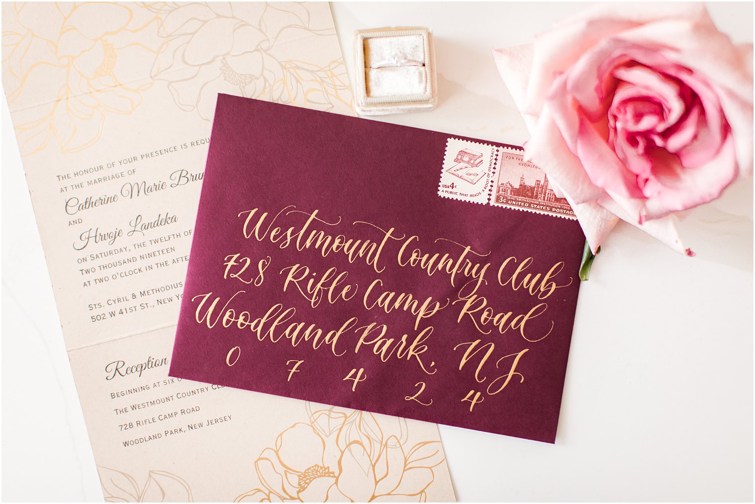 Burgundy and gold wedding invitations by Inviting Treasures