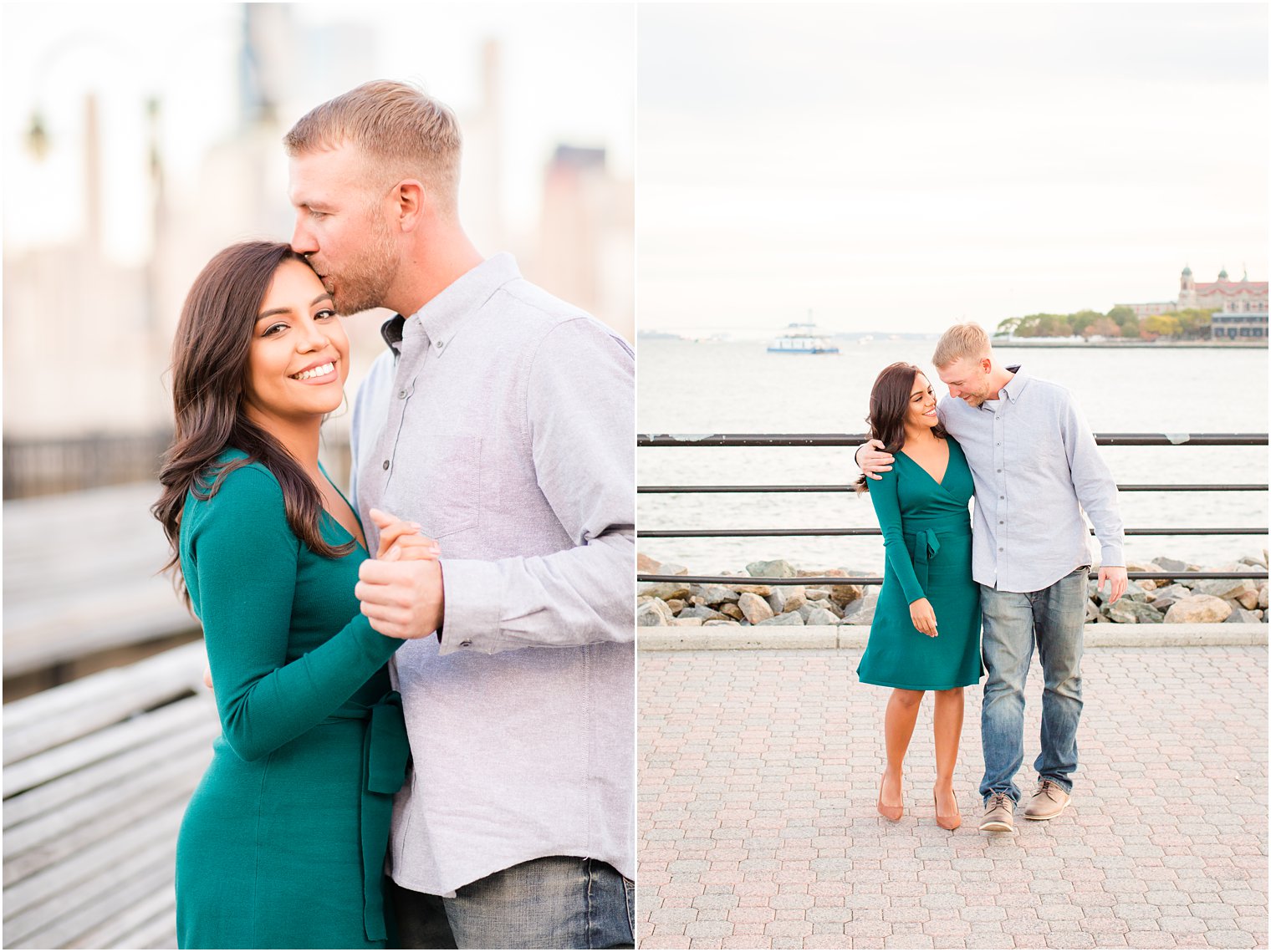 Engagement photo with Ellis Island in the background