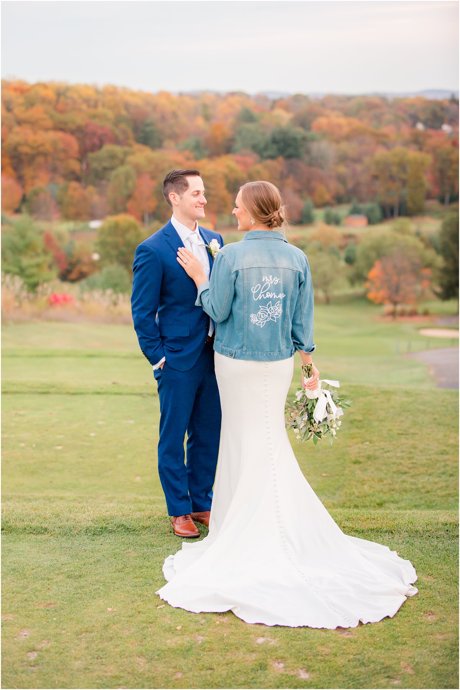 New York Country Club wedding photos with jean jacket