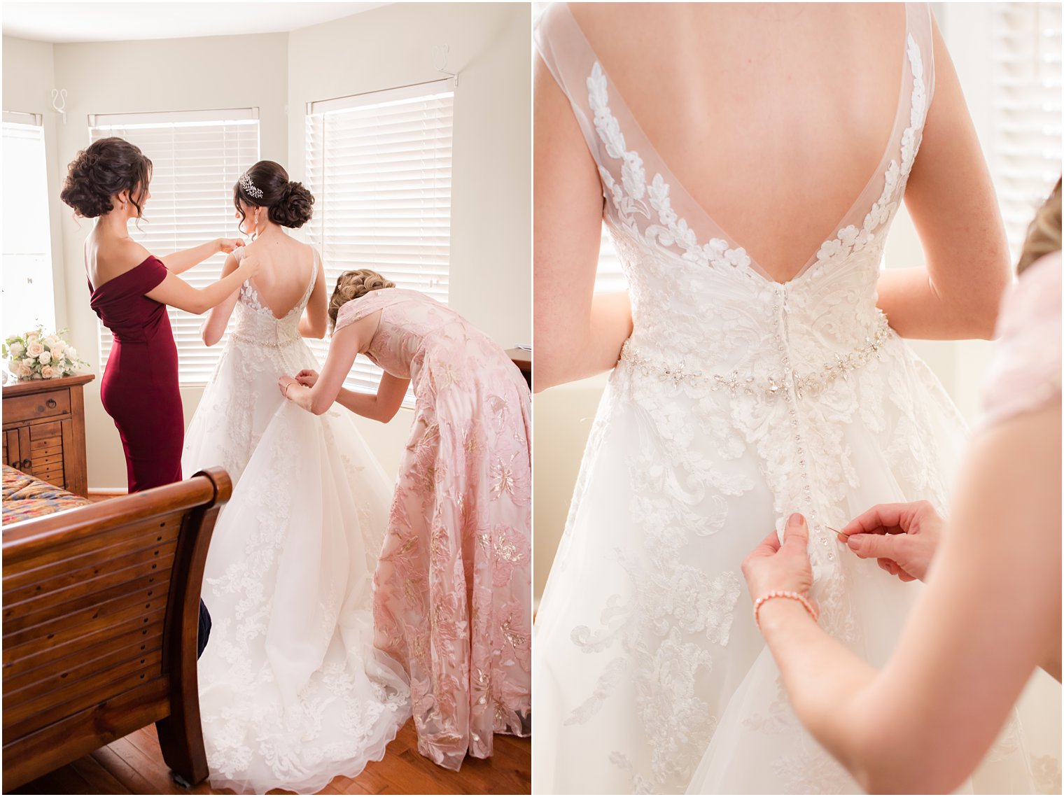 bride gets into wedding dress with family photographed by Idalia Photography