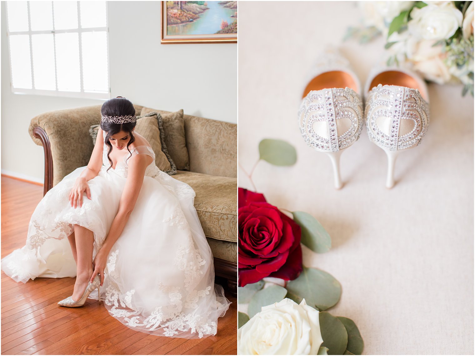 bride puts on silver shoes for Somerset NJ wedding with Idalia Photography