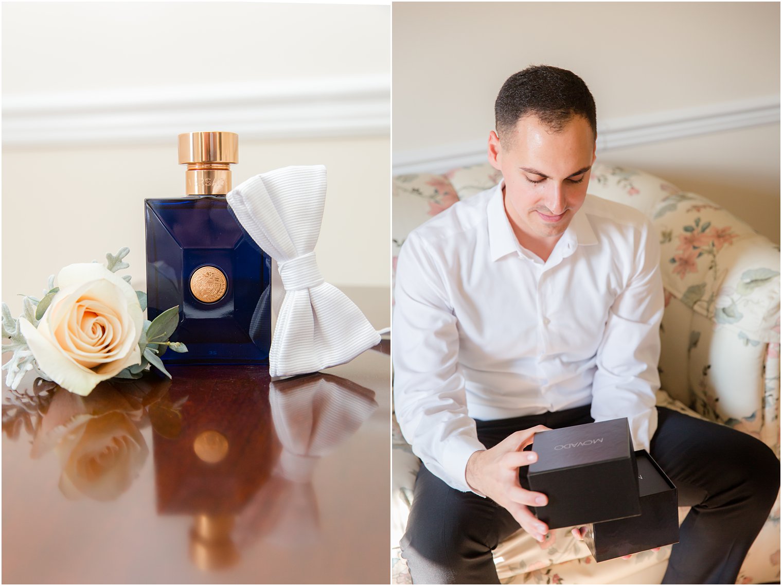 groom opens wedding gift on NJ wedding day with Idalia Photography