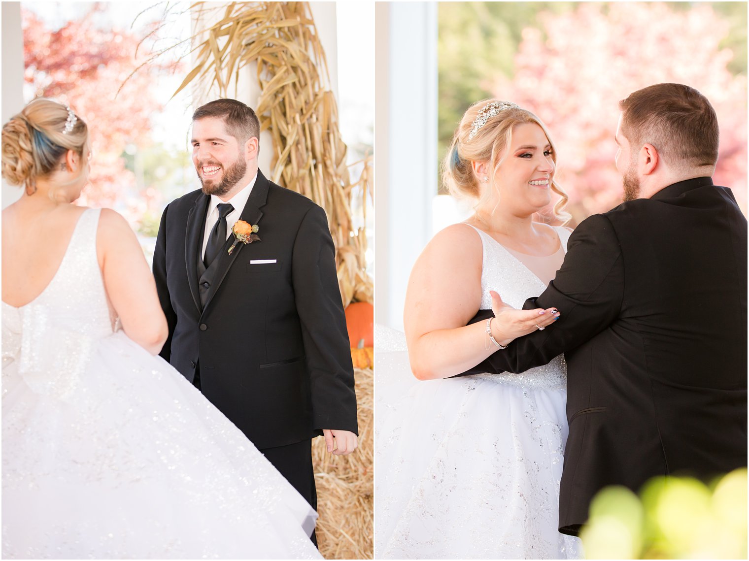 fall wedding day first look photographed by Idalia Photography