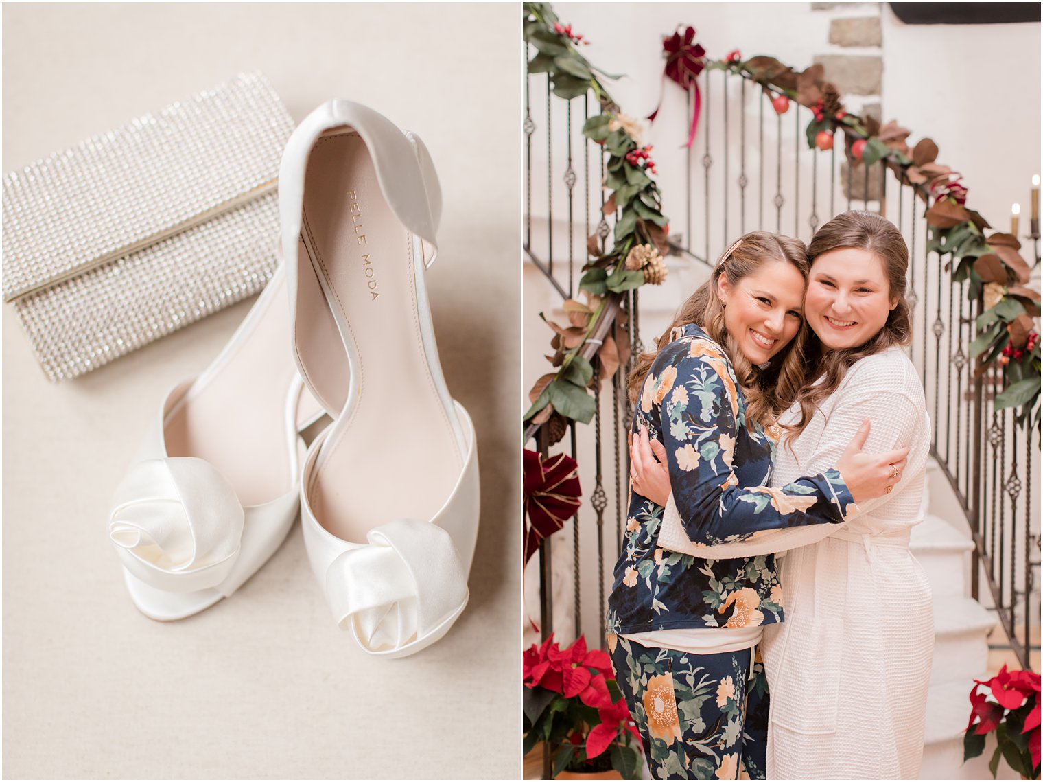 Bride and maid of honor hugging on wedding day