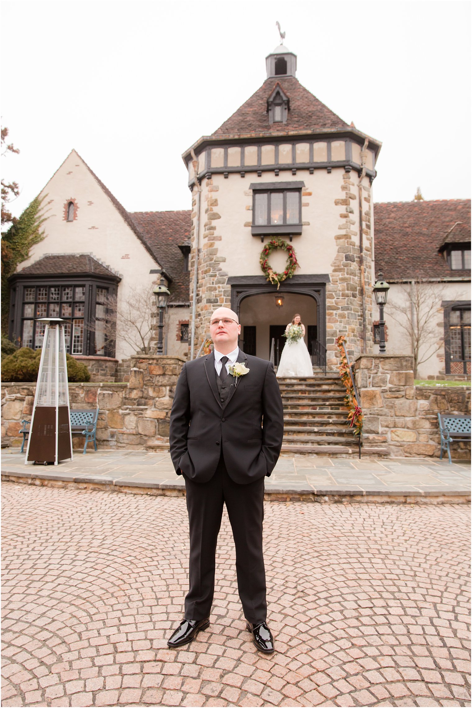 first look for a Pleasantdale Chateau winter wedding