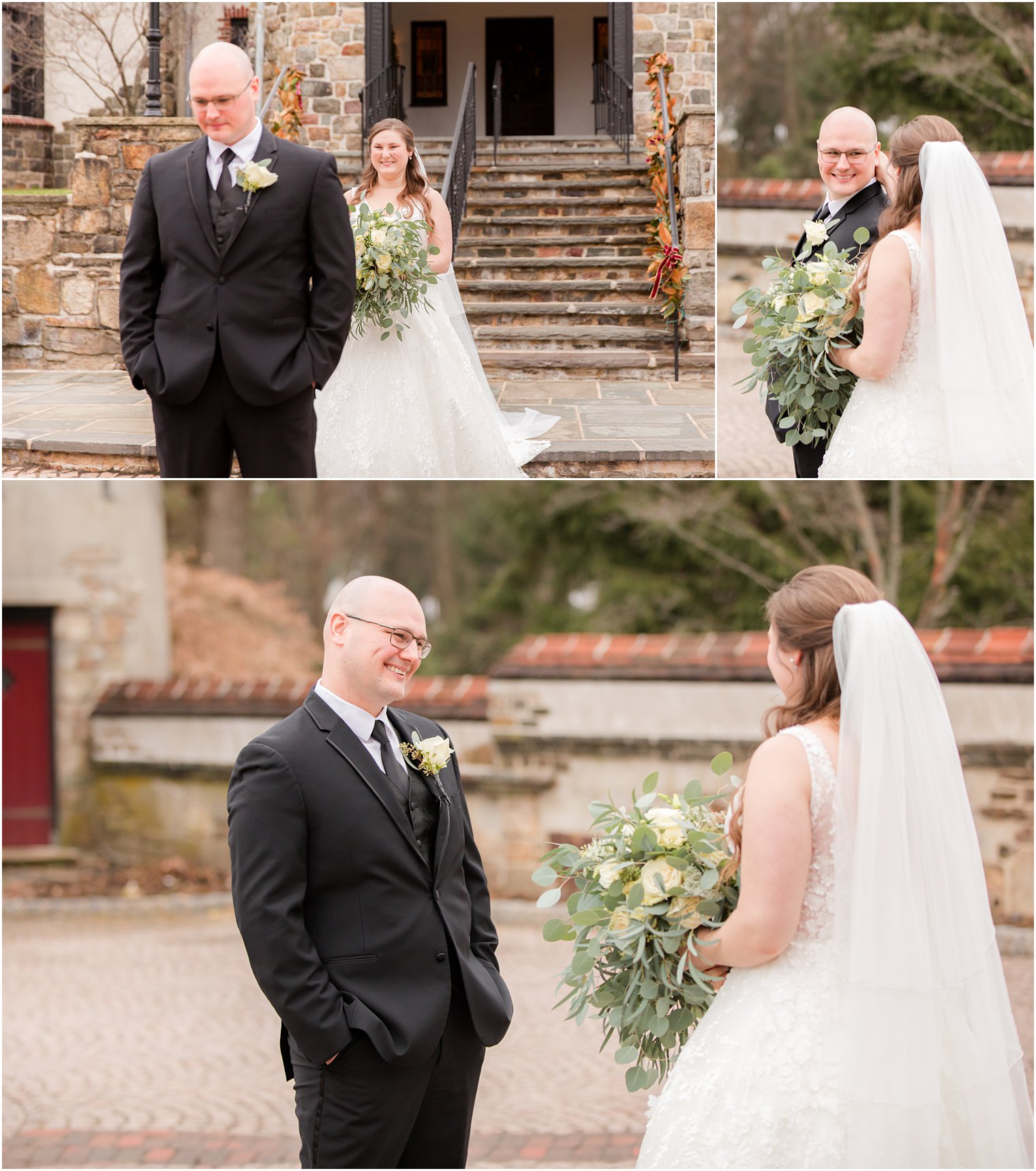first look for a Pleasantdale Chateau winter wedding
