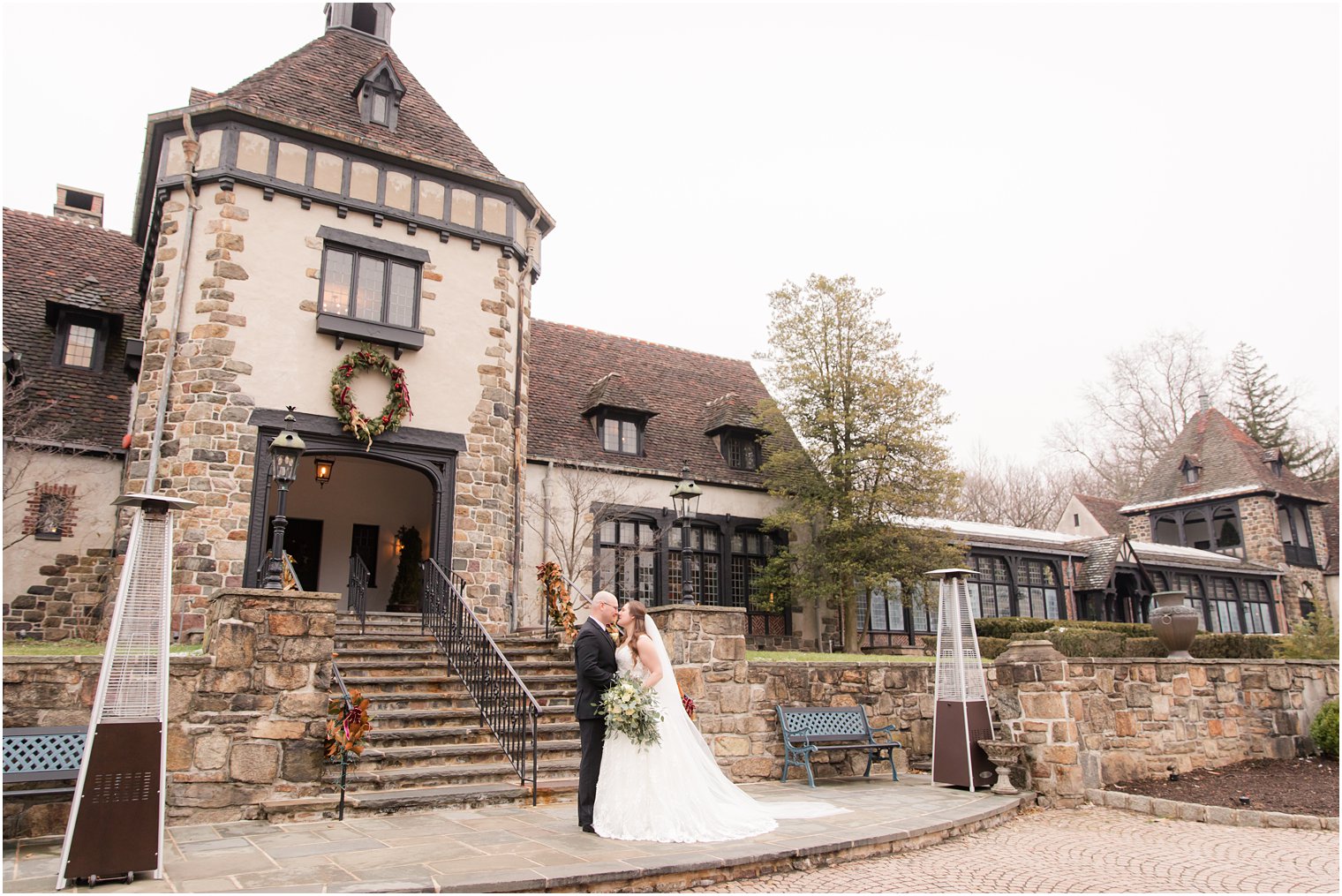 bride and groom wedding portraits at Pleasantdale Chateau winter wedding