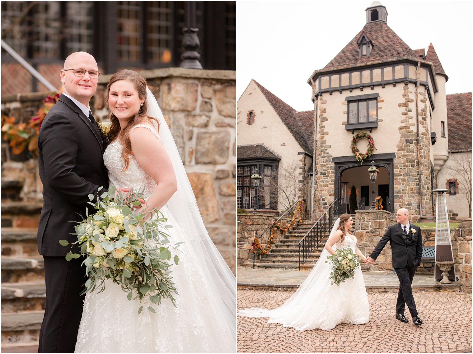 bride and groom wedding portraits at Pleasantdale Chateau winter wedding