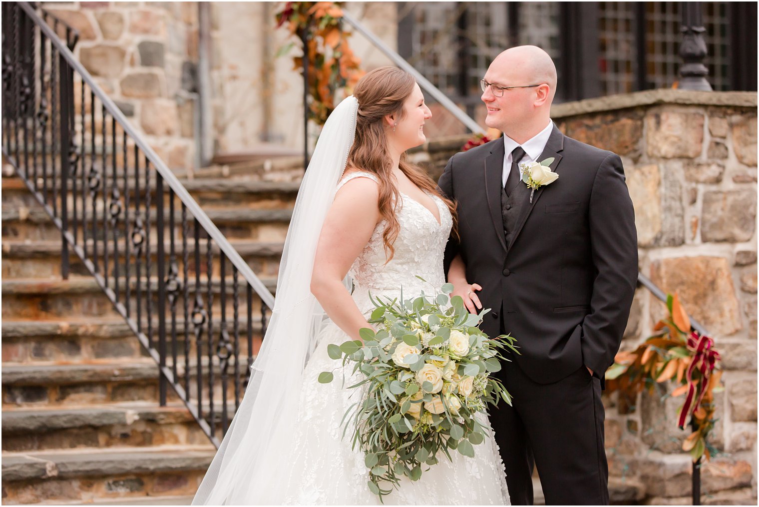 bride and groom wedding portraits at Pleasantdale Chateau winter wedding