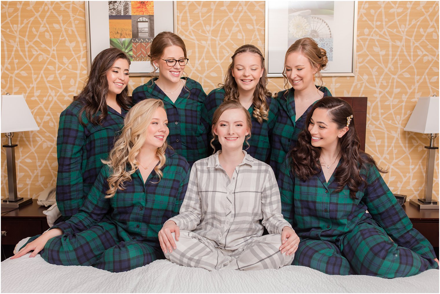 Bridesmaids in flannel pajamas on wedding morning