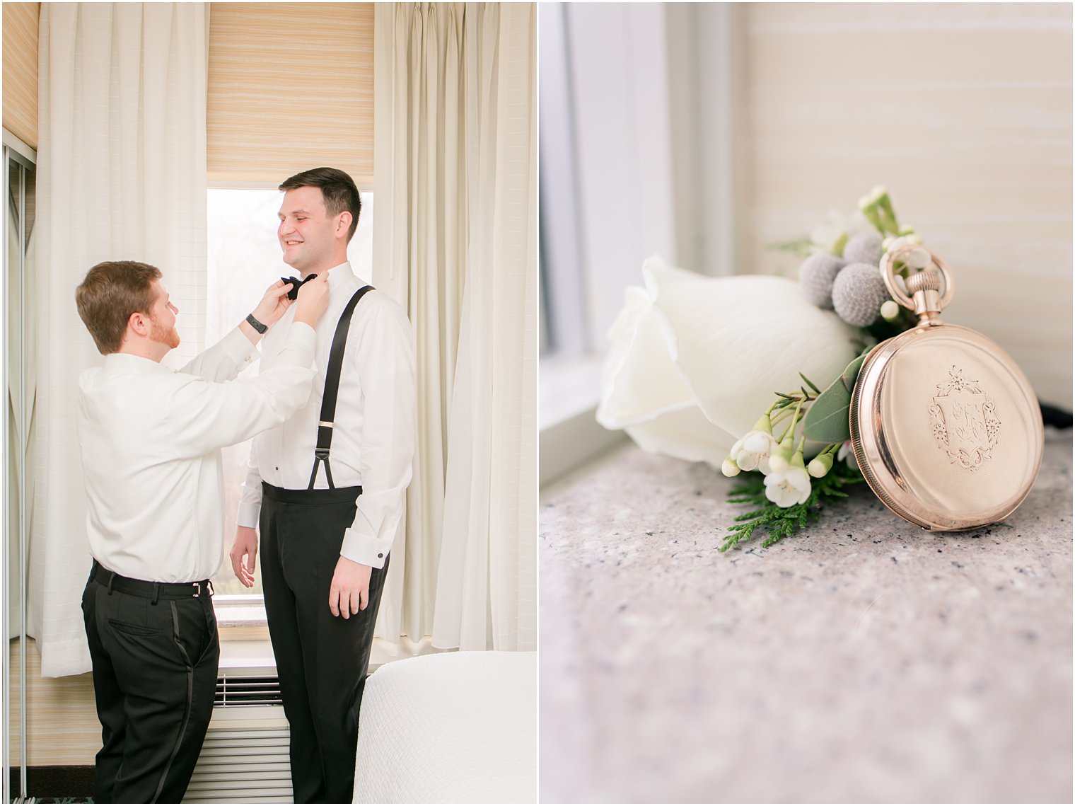 Groom getting ready for wedding day with his best man