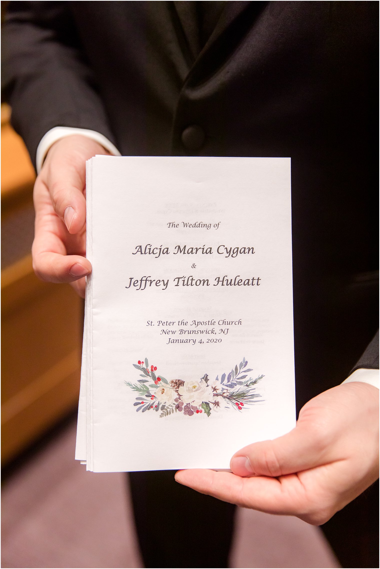 Wedding ceremony program with winter motif