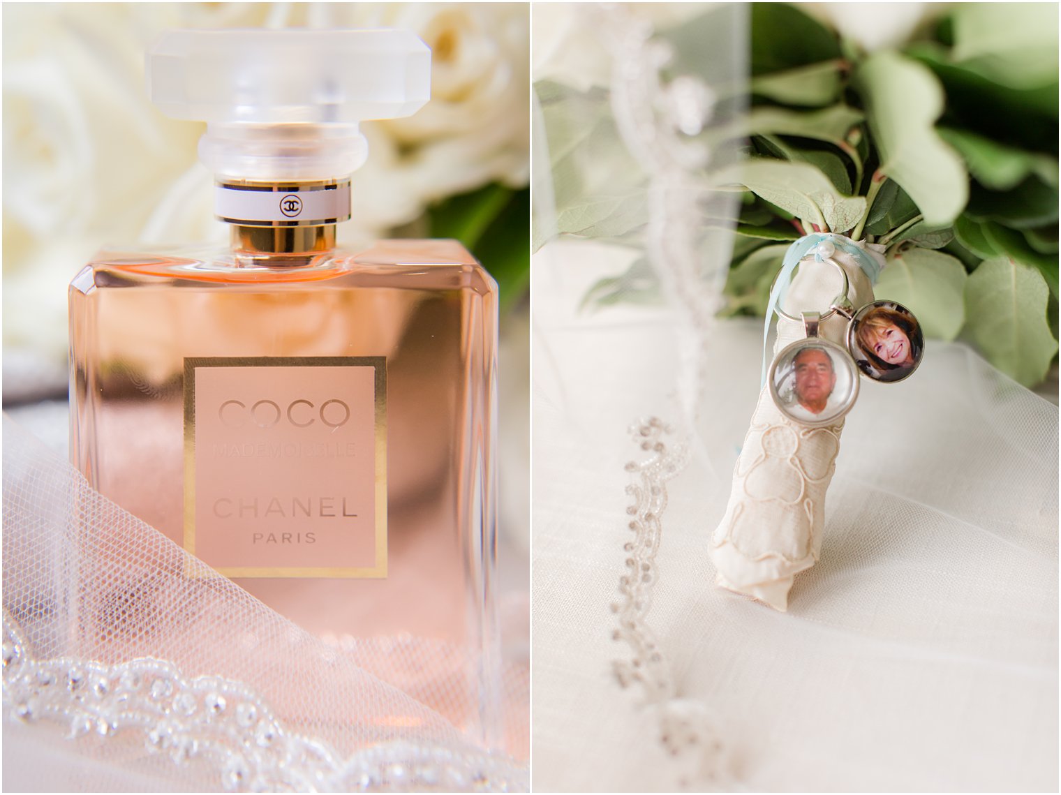 Perfume bottle and photo of bouquet with remembrance lockets