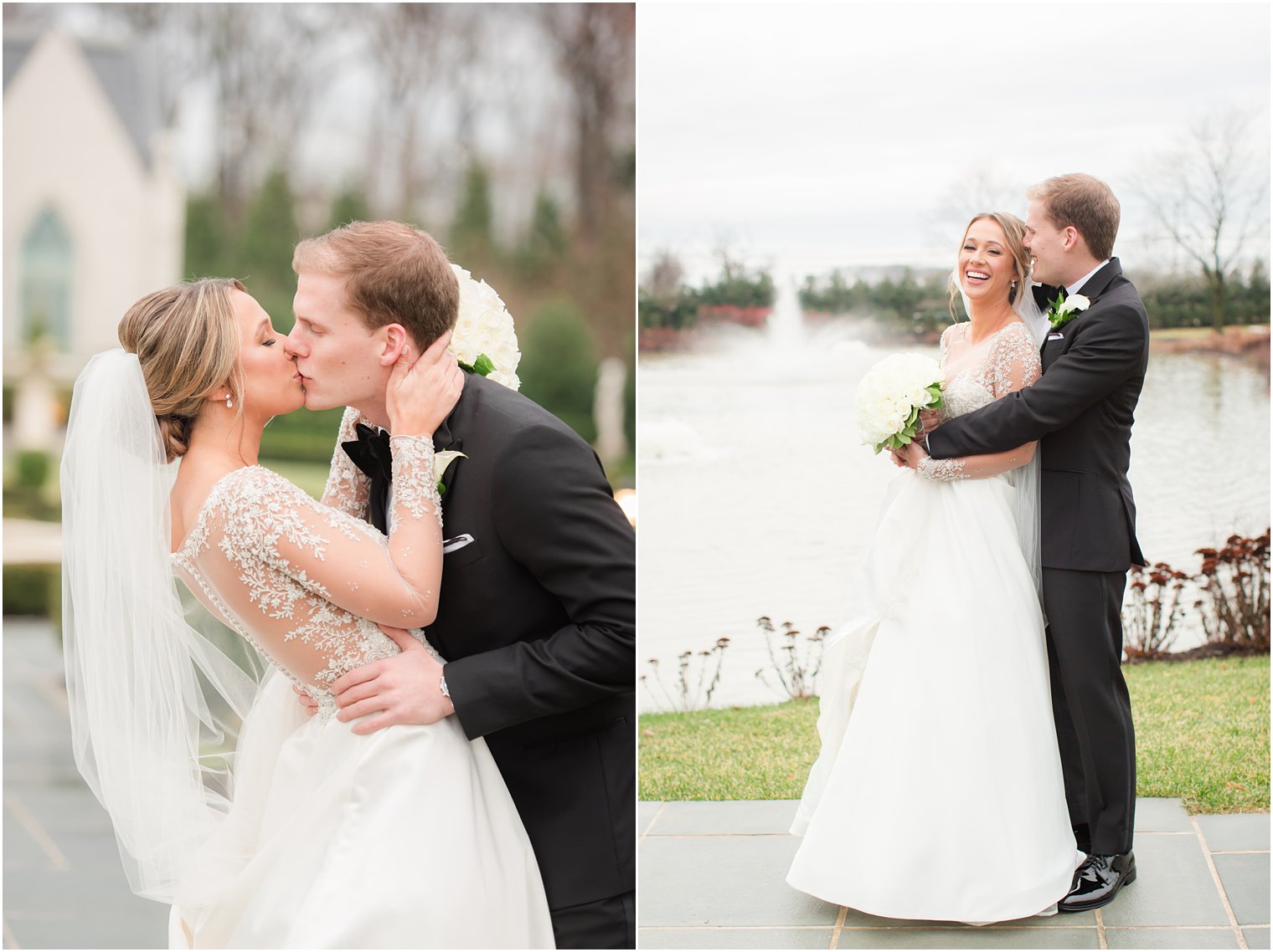 Groom kissing bride at Winter wedding at Park Chateau Estate and Gardens