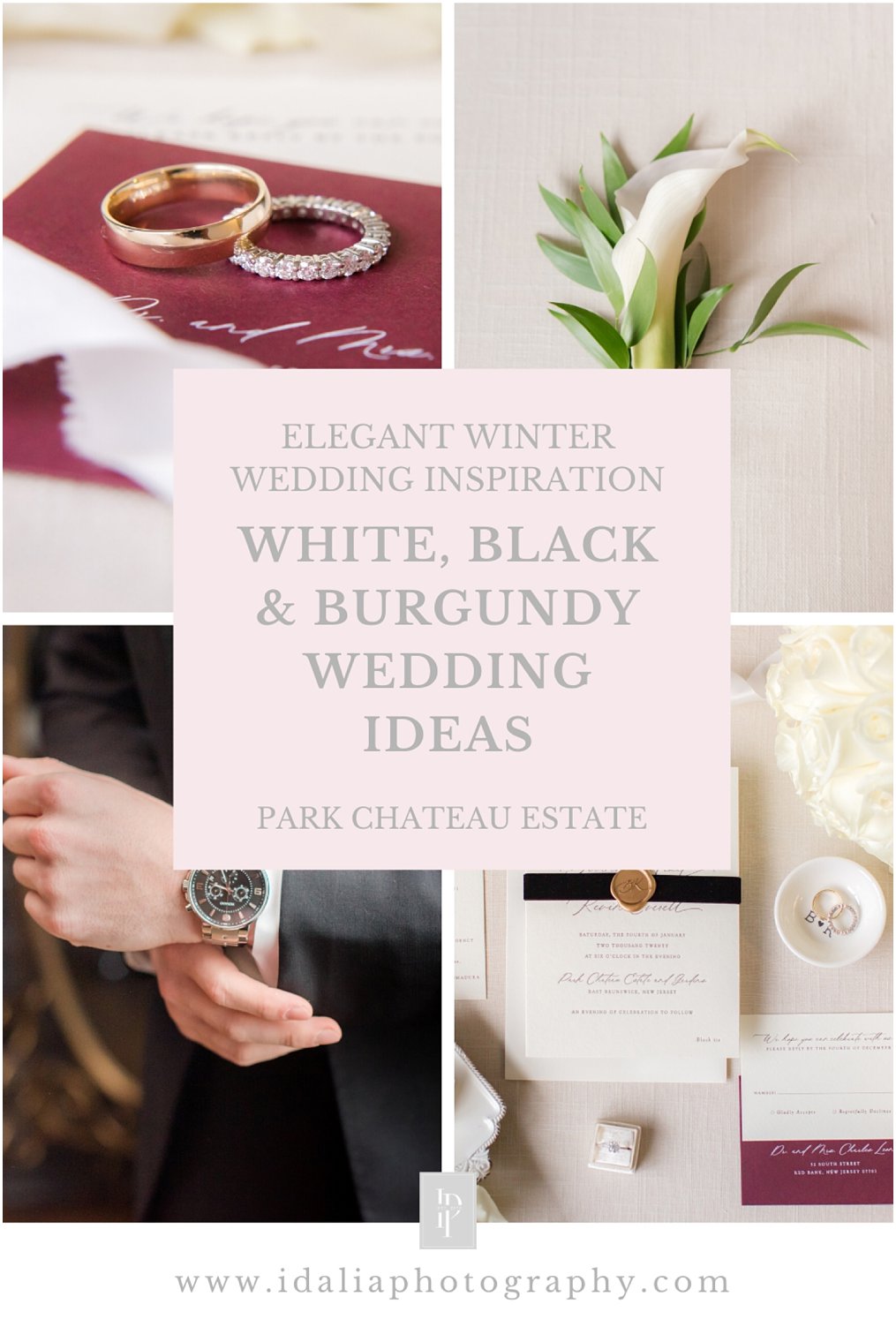 White, black, and burgundy wedding ideas | A winter wedding at Park Chateau Estate and Gardens | Photos by Idalia Photography