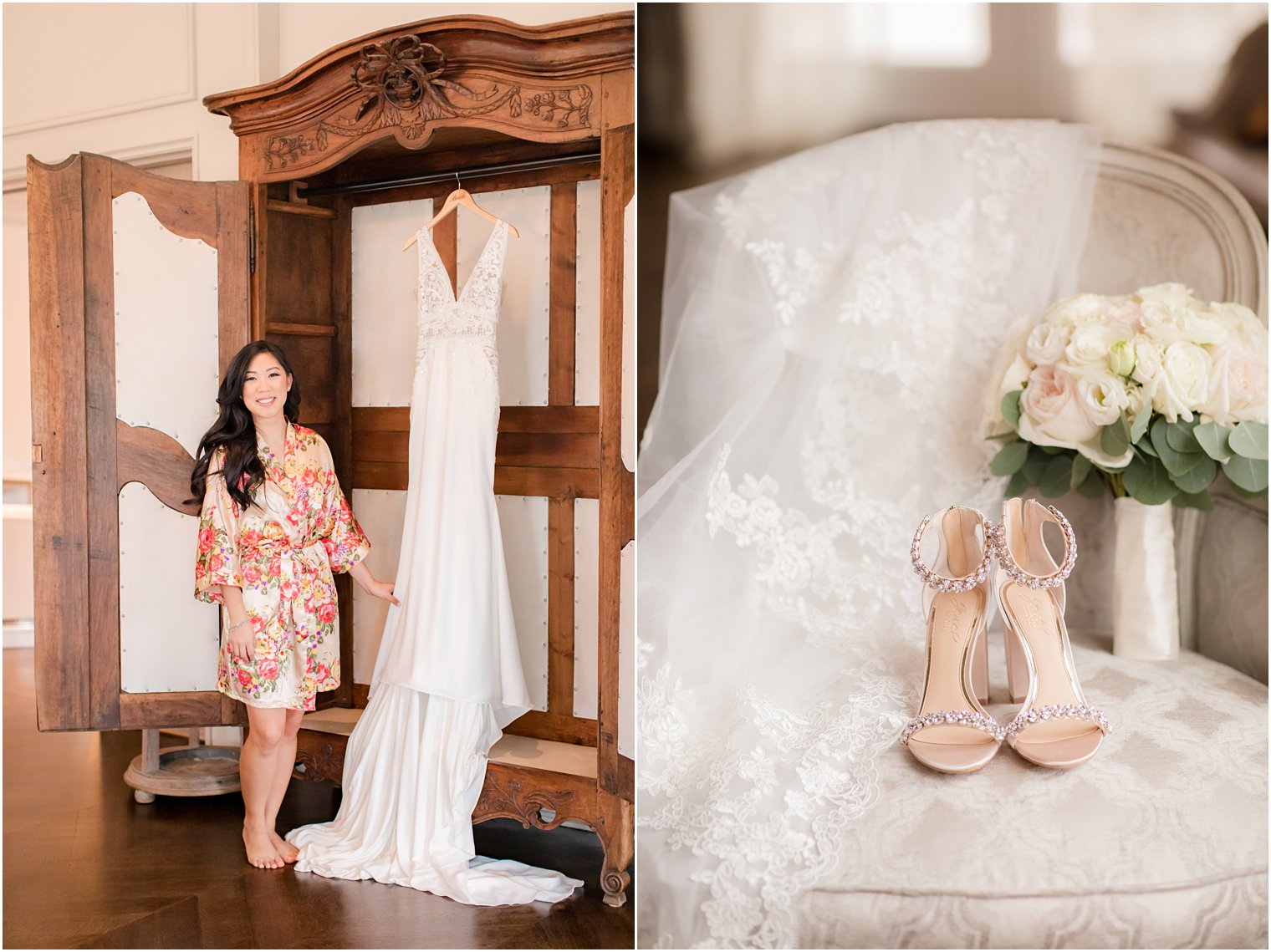 Bride with her wedding dress and shoes at Park Chateau Estate