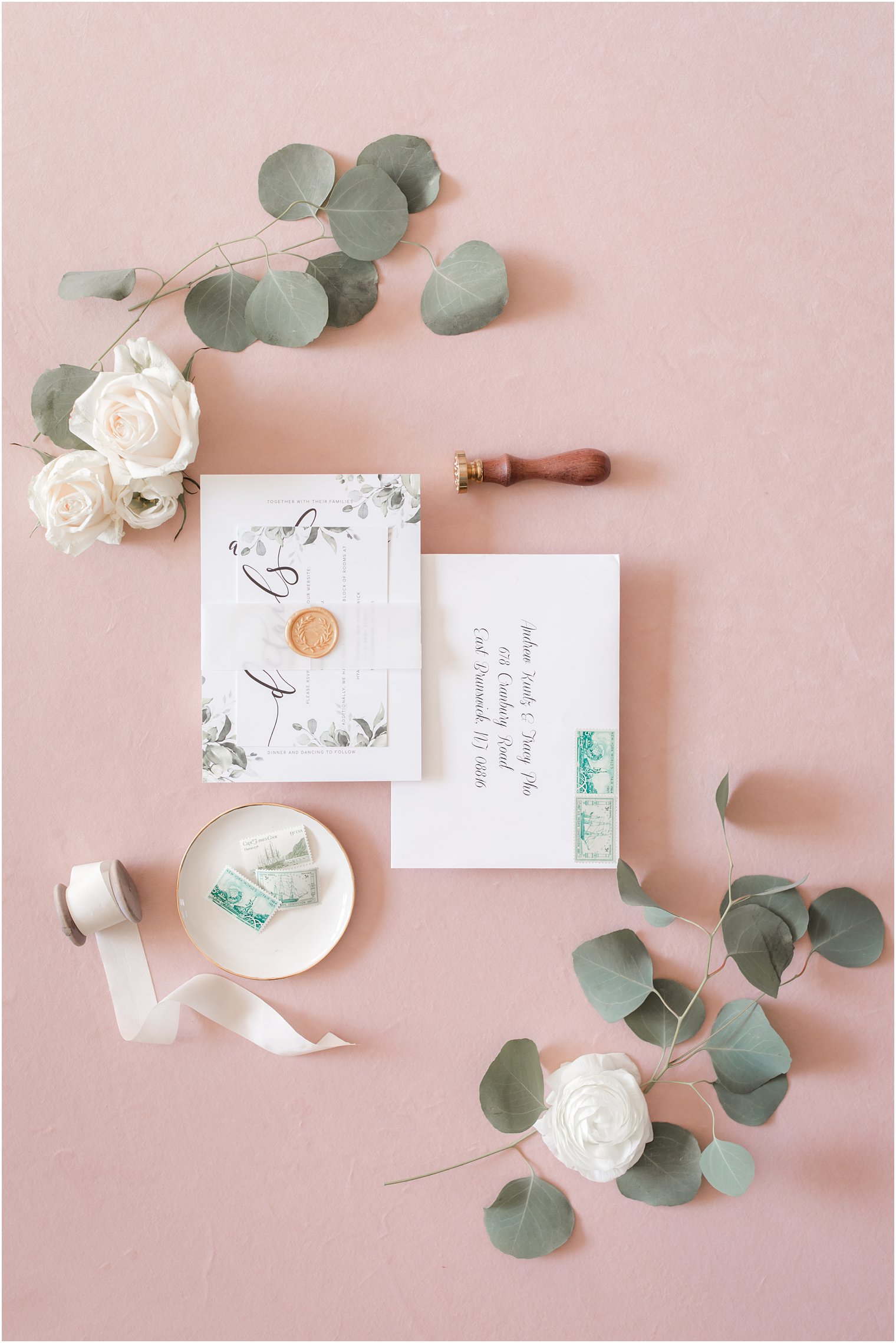 Wedding invitation flatlay for a Park Chateau Estate wedding