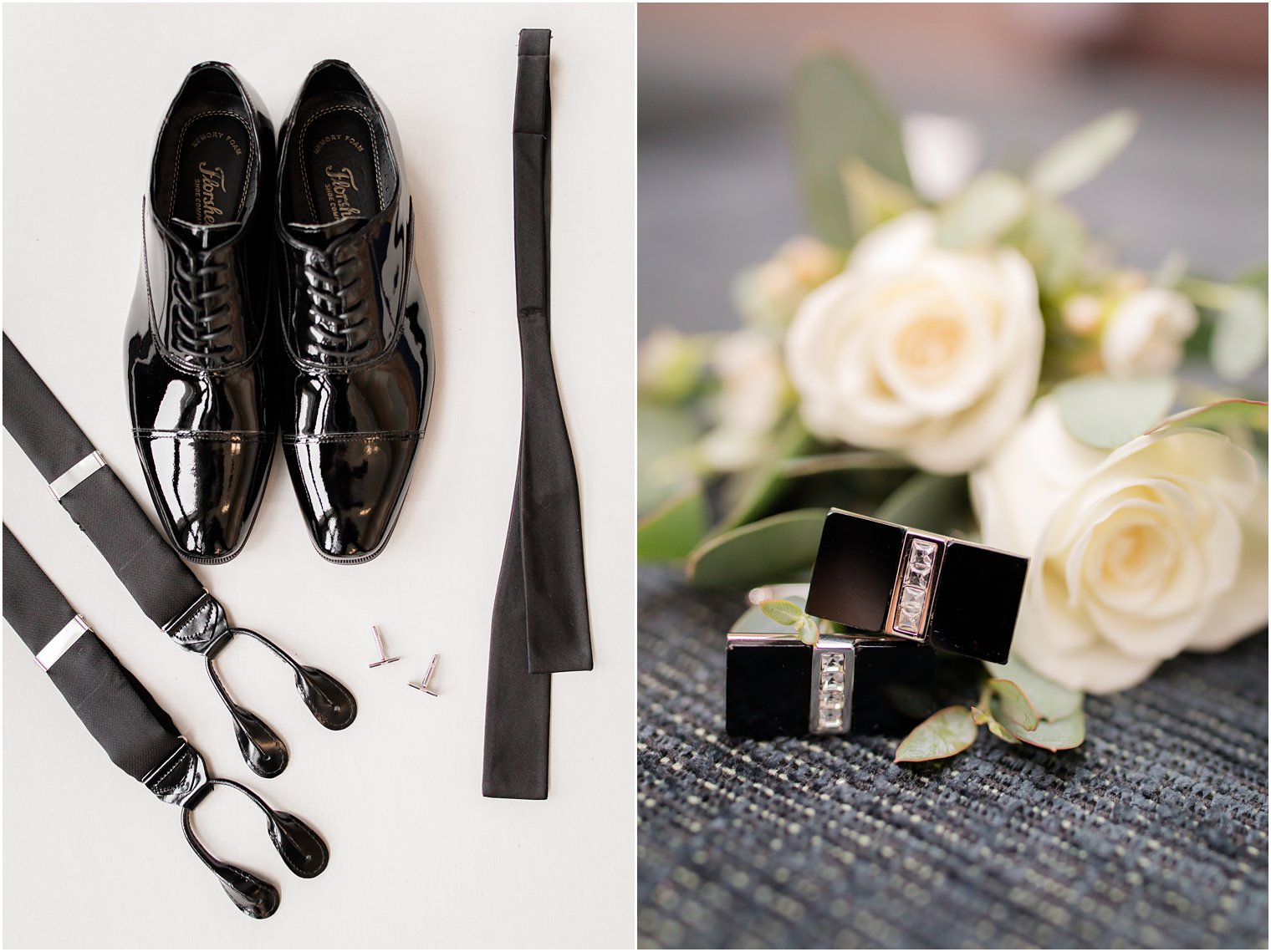 Groom's boutonniere by Crest Florist with his shoes, suspenders, and black tie