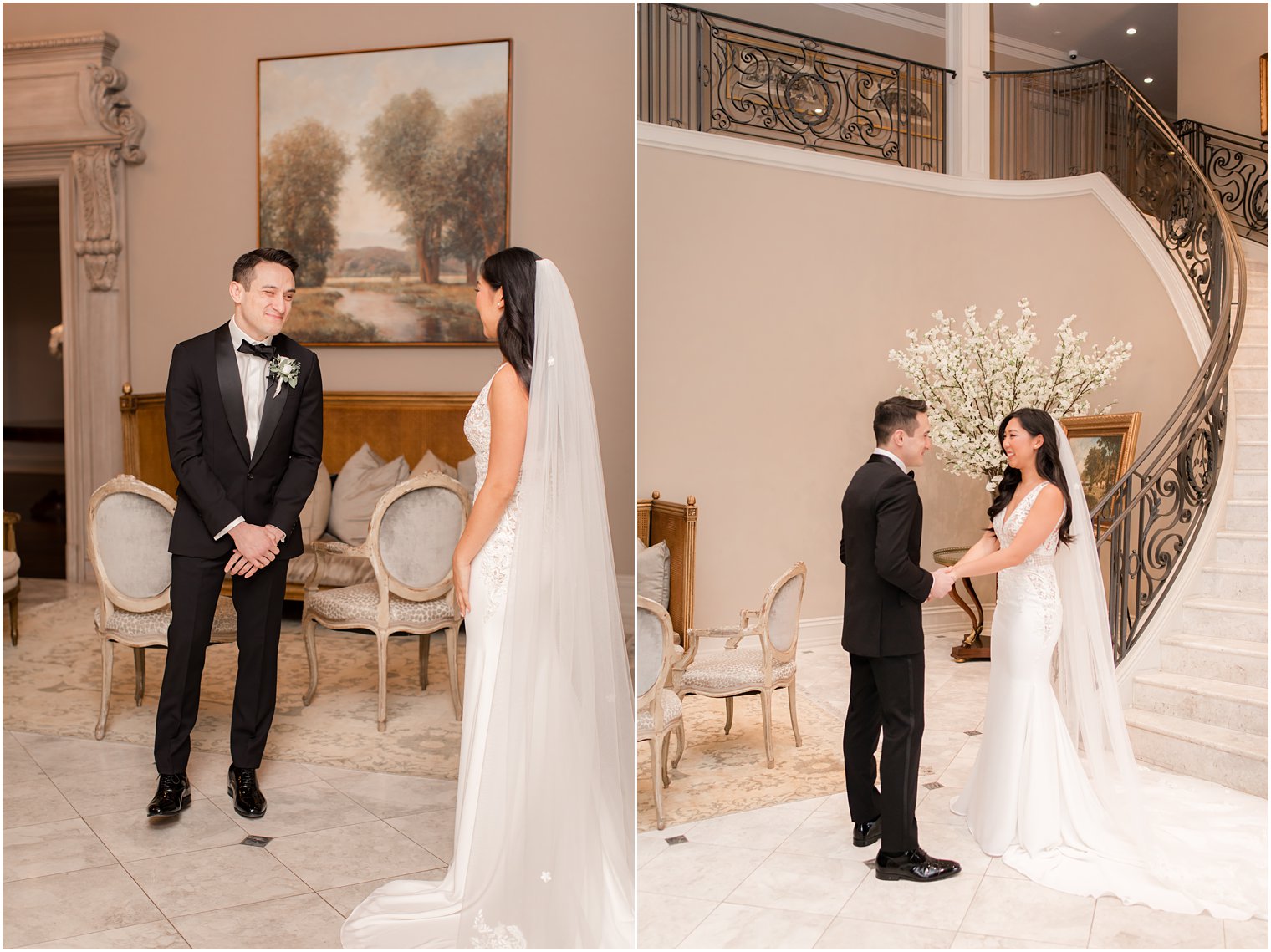 Bride coming down staircase for first look with groom on wedding day at Park Chateau Estate