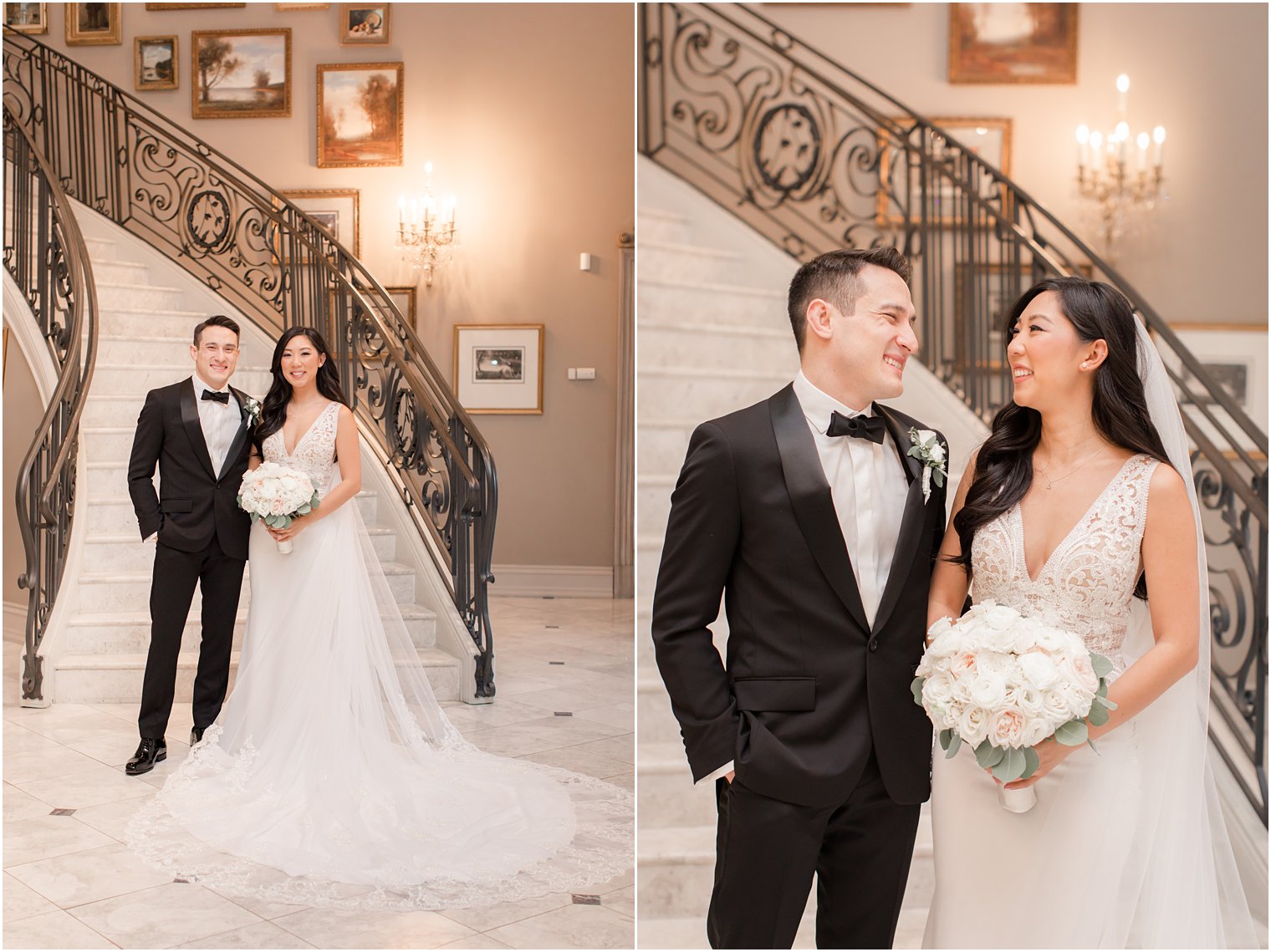 Formal bride and groom portraits by staircase on wedding day at Park Chateau Estate