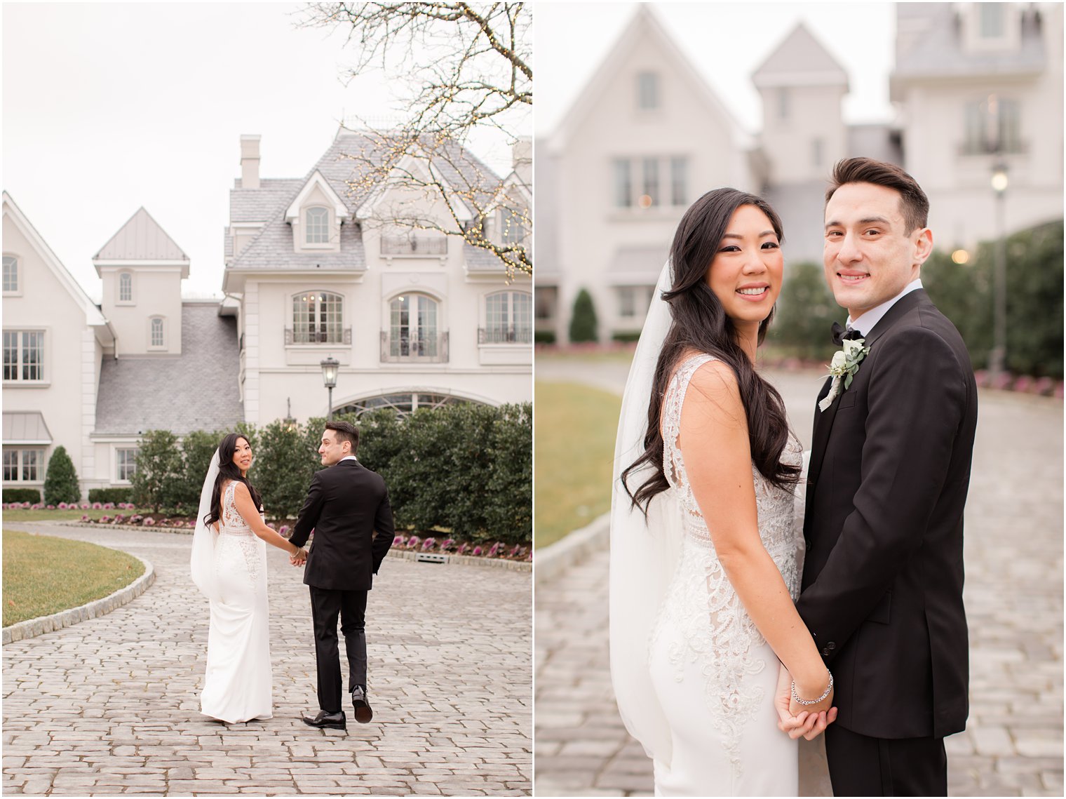 Bride and groom walking on grounds of Park Chateau Estate