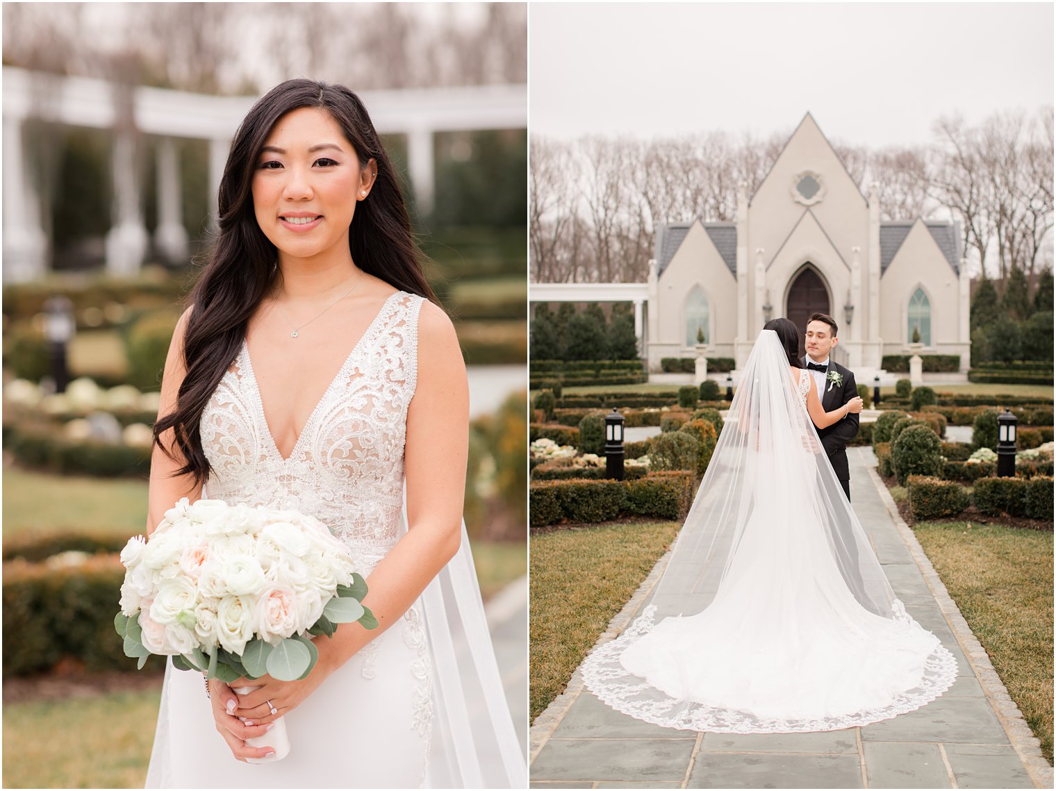 Bride and groom photos in front of chapel at park chateau estate