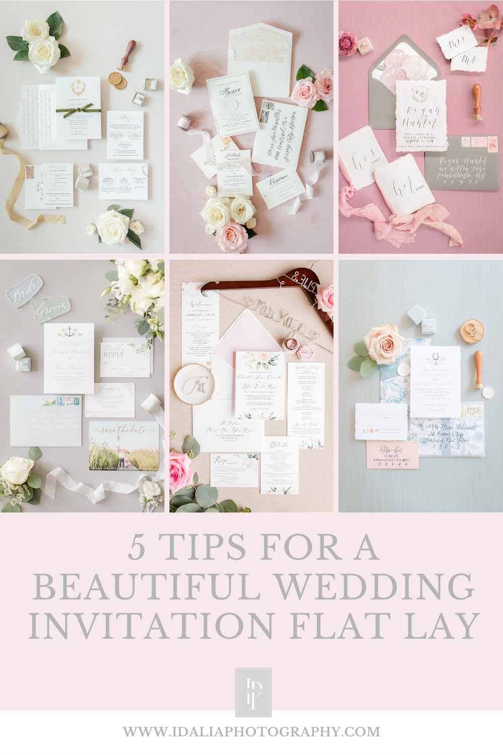 5 Tips for a Beautiful Wedding Invitation Flat Lay by Idalia Photography