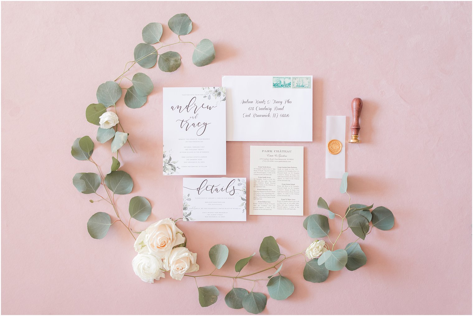 Wedding invitation flat lay for Park Chateau Estate Wedding