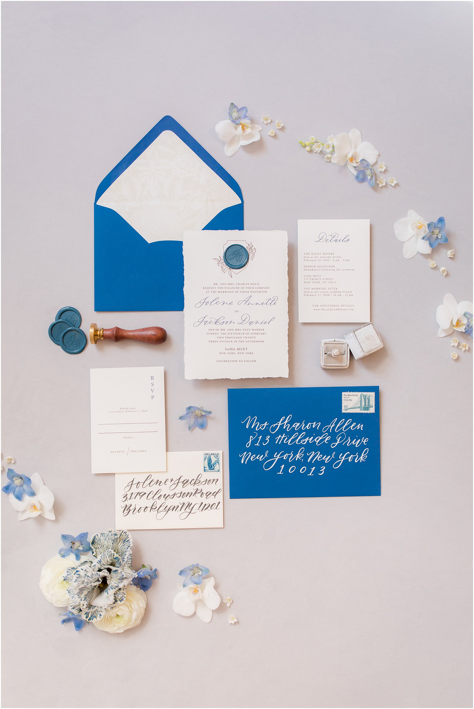 Blue wedding invitation by Lace and Belle