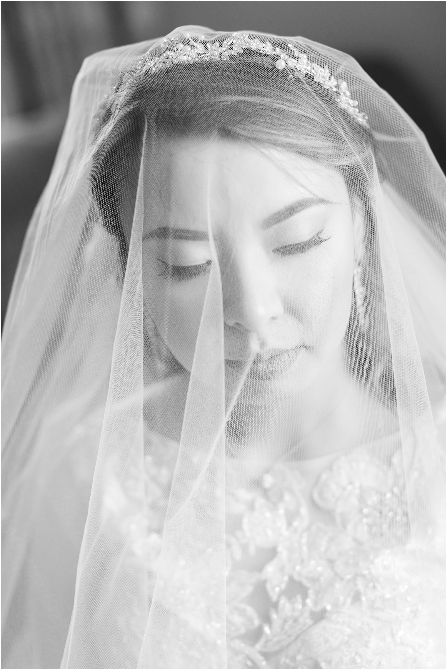 Black and white portrait of bride and her veil