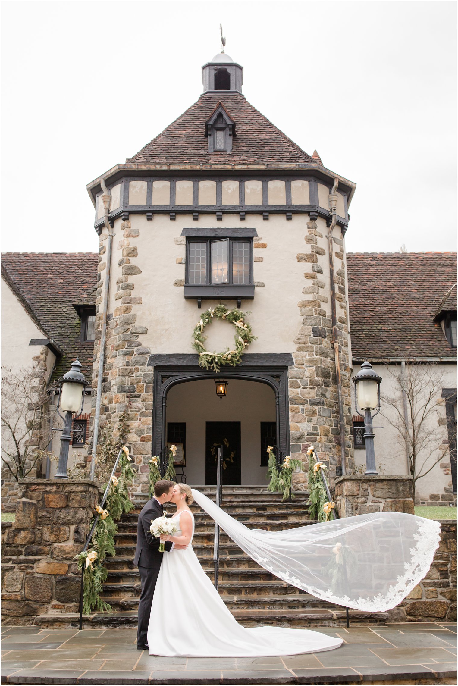 Bride and groom during winter wedding at Pleasantdale Chateau