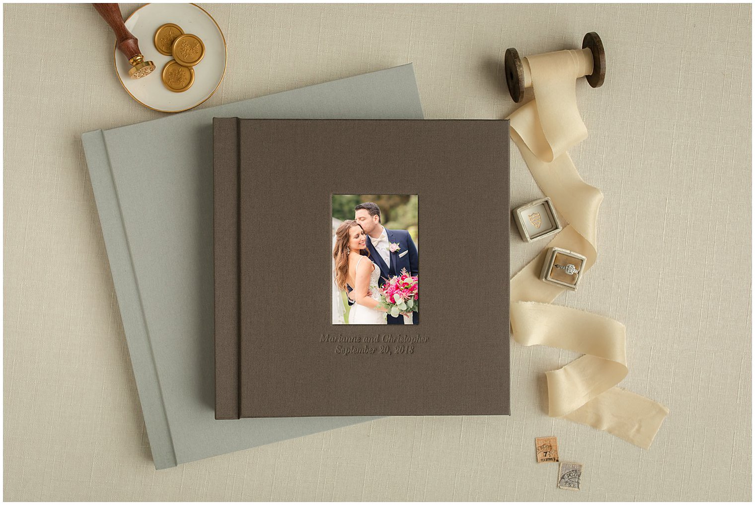 Linen album with inset cover photo in coffee 