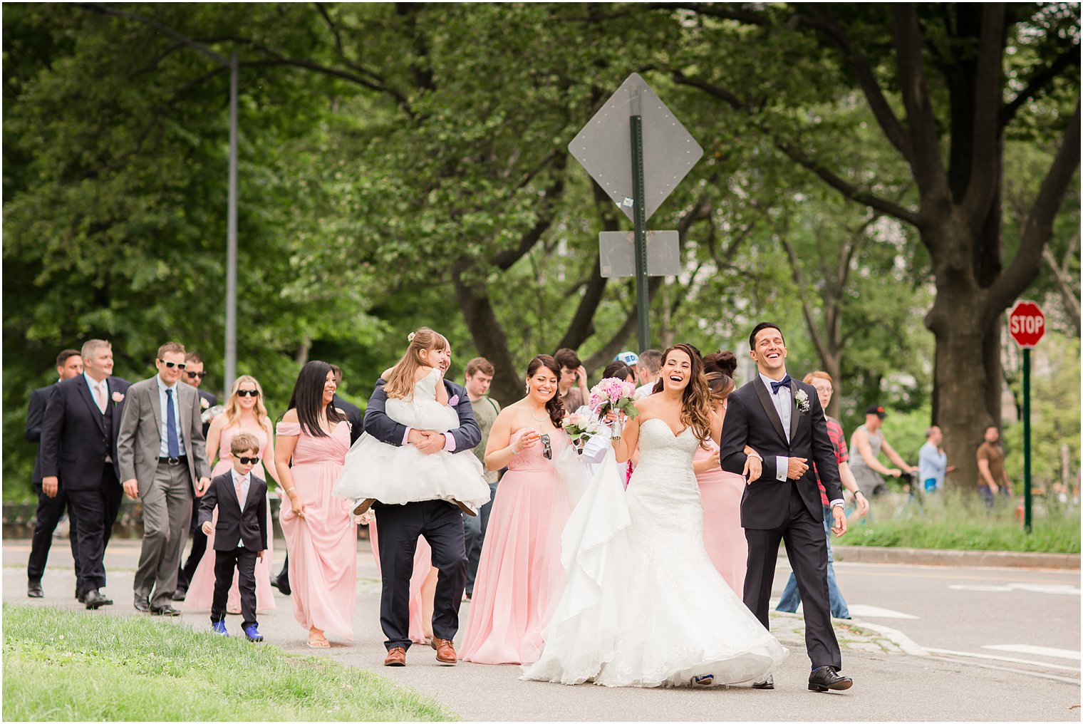 Bridal party walking in Central Park