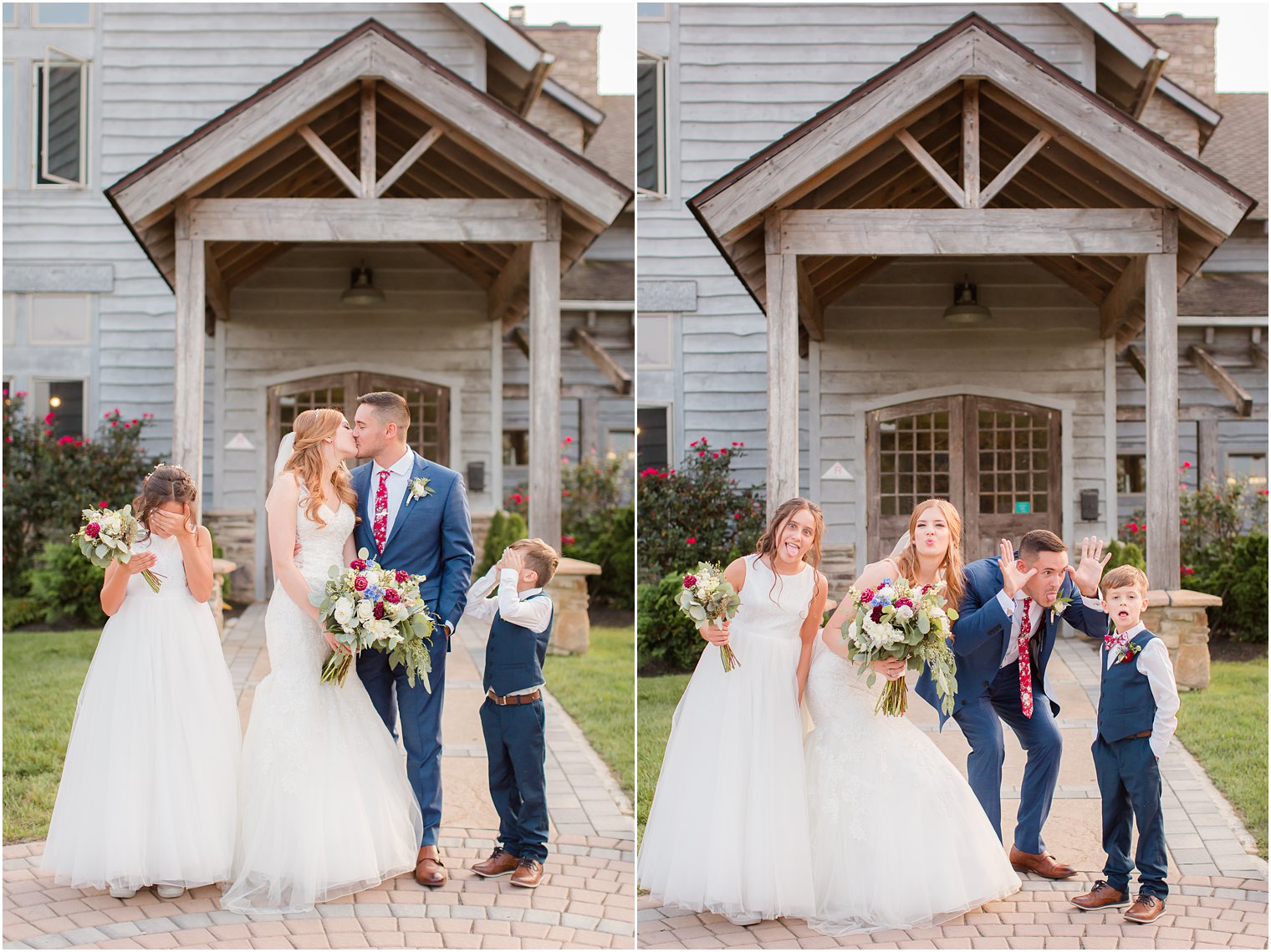 Silly photos of bride and groom with ring bearer and flower girl