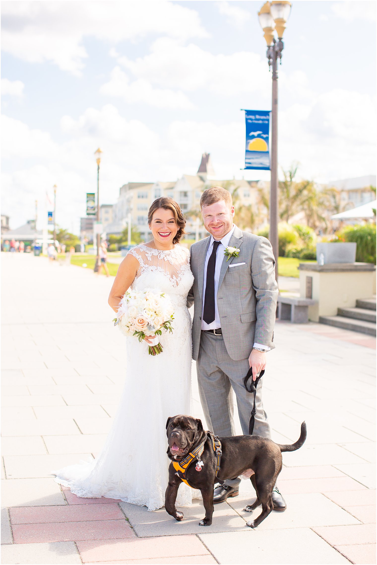 bride and groom with dog