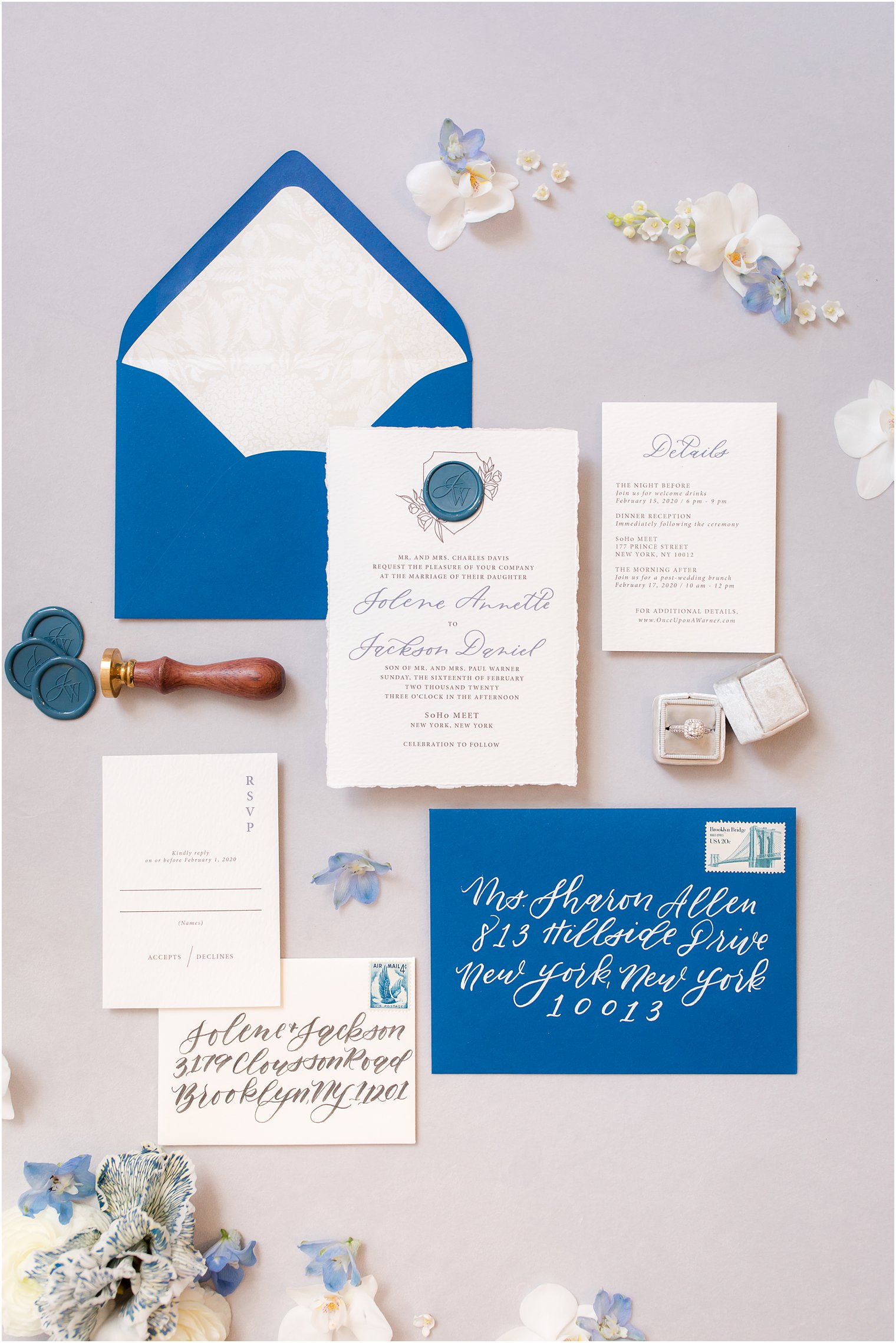 Classic blue wedding invitation by Lace and Belle