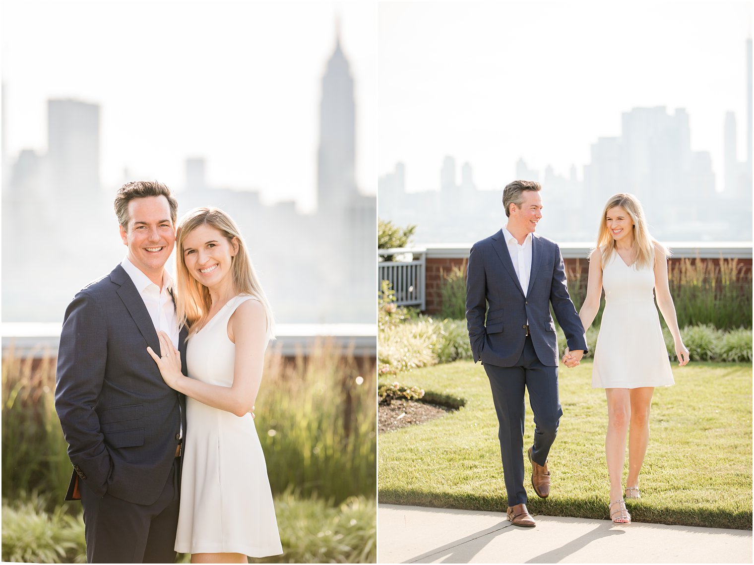 Couple posing for photos | Hoboken Rooftop Engagement by Idalia Photography