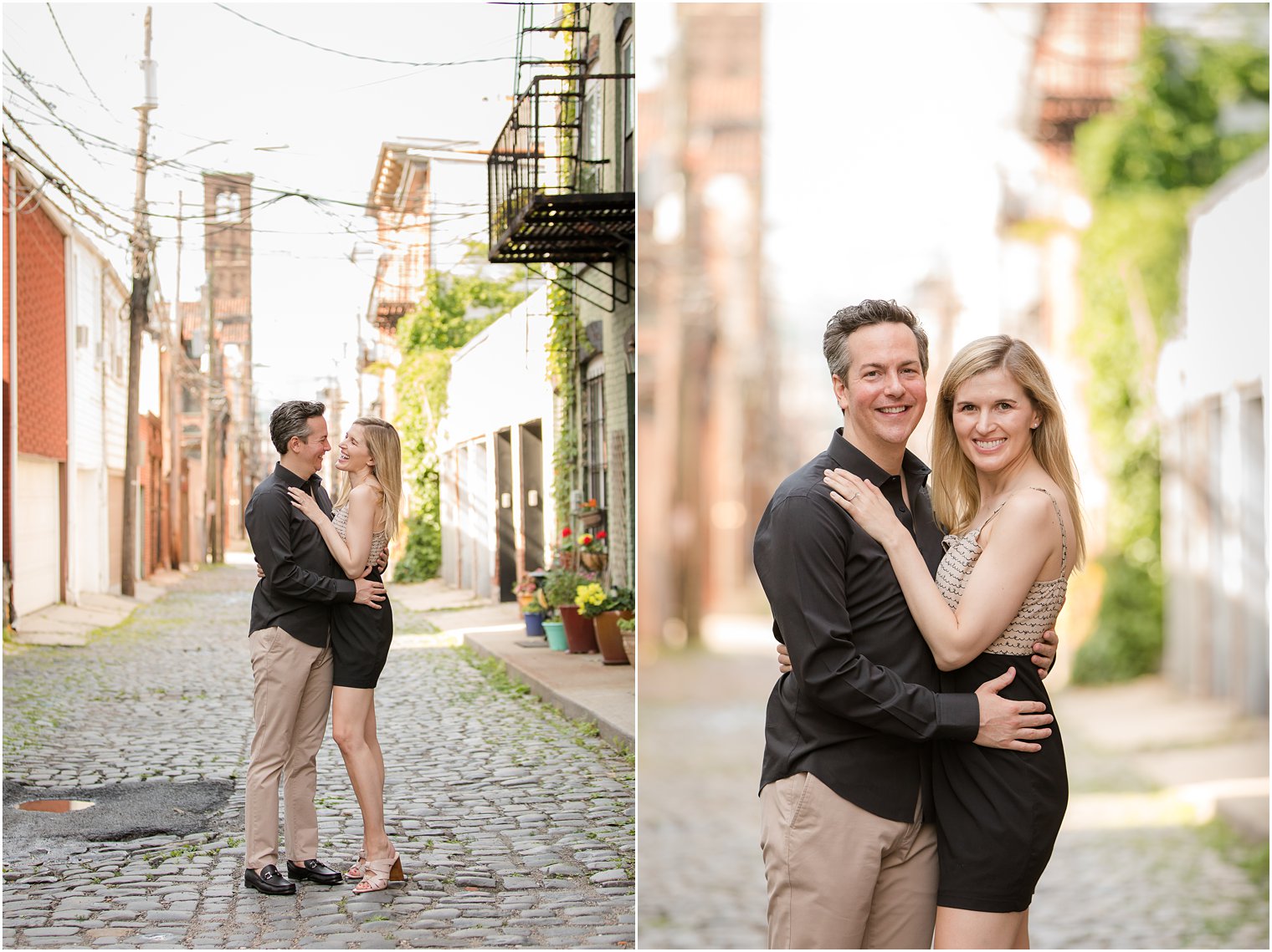 Engaged couple in Court Street in Hoboken, NJ