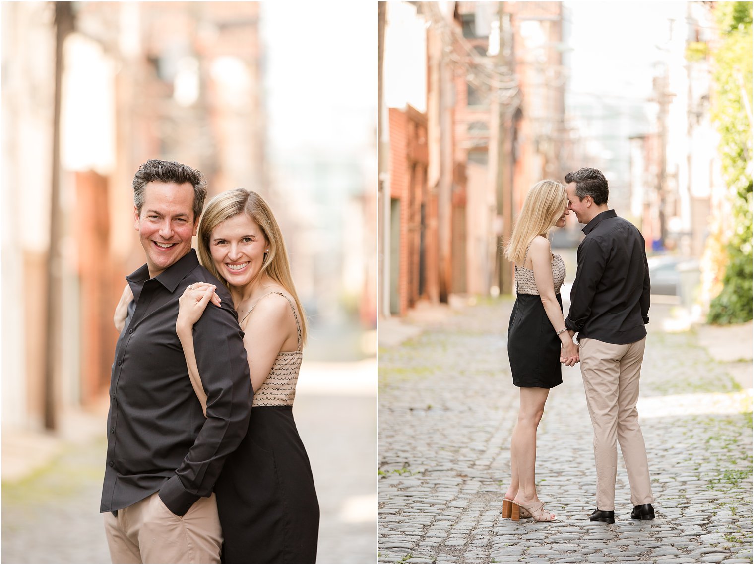 Engaged couple in Court Street in Hoboken, NJ