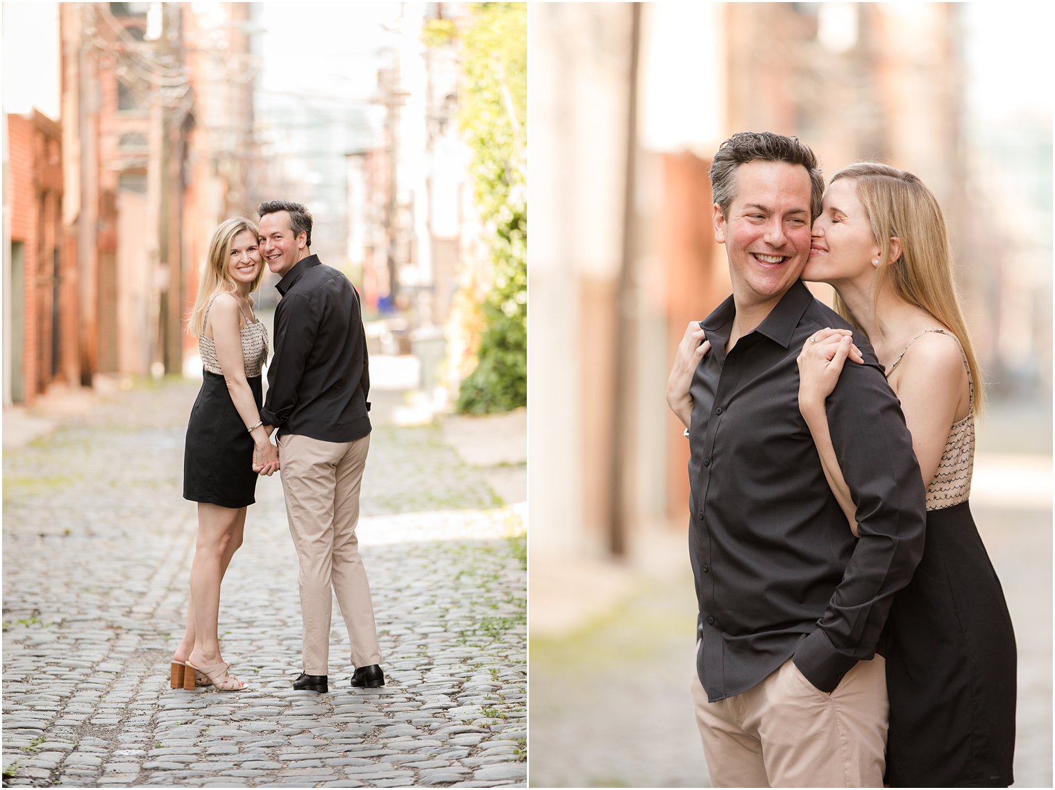 Engaged couple in Court Street in Hoboken, NJ